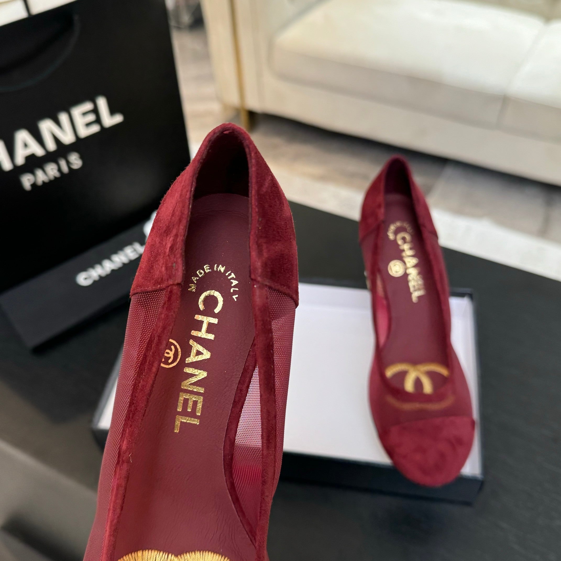 CHANEL HIGH HEEL 85 MM SANDALS IN CHERRY RED SUEDE AND MESH