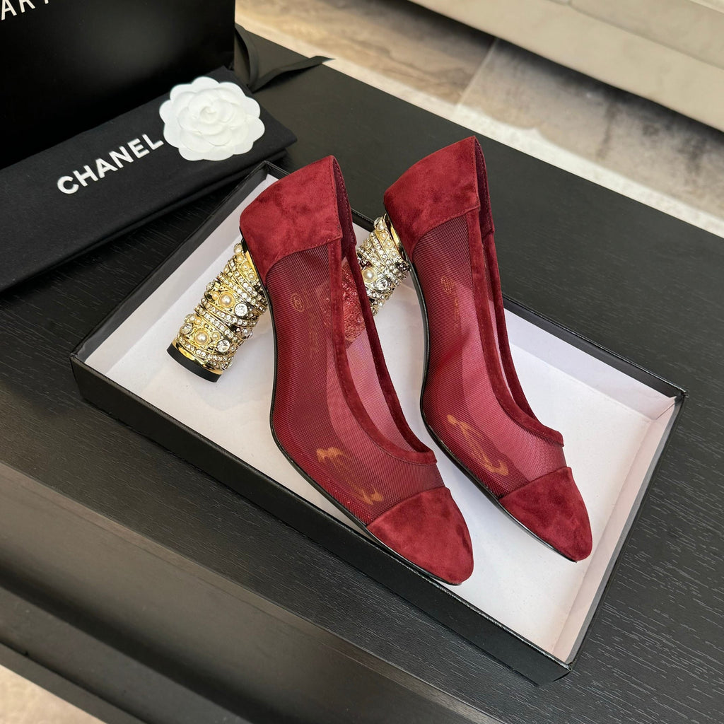 CHANEL HIGH HEEL 85 MM SANDALS IN CHERRY RED SUEDE AND MESH