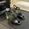 CHANEL T-STRAP PEARL HEEL 85 MM SANDALS IN BLACK LAMBSKIN