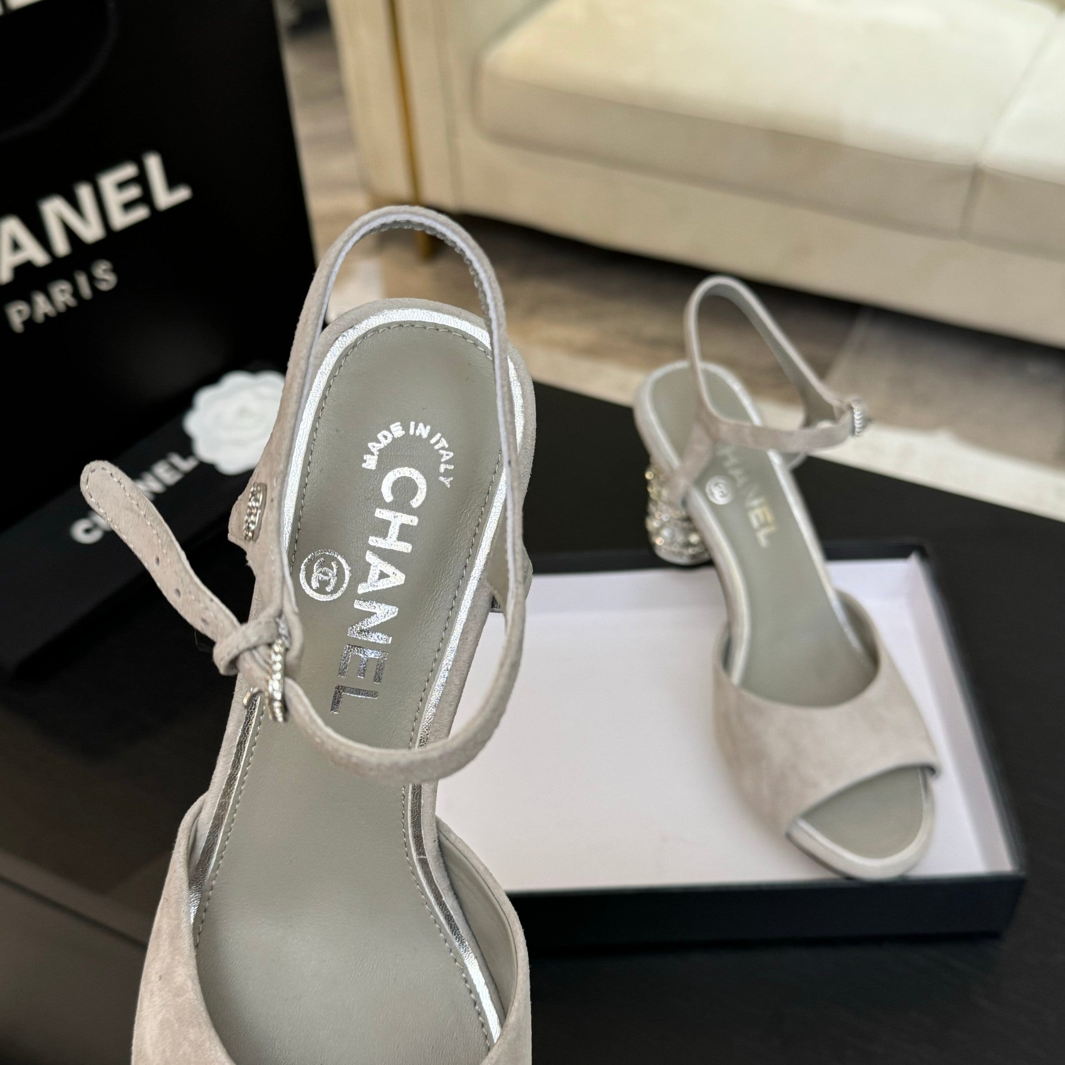 CHANEL T-STRAP PEARL HEEL 85 MM SANDALS IN PASTEL GRAY SUEDE