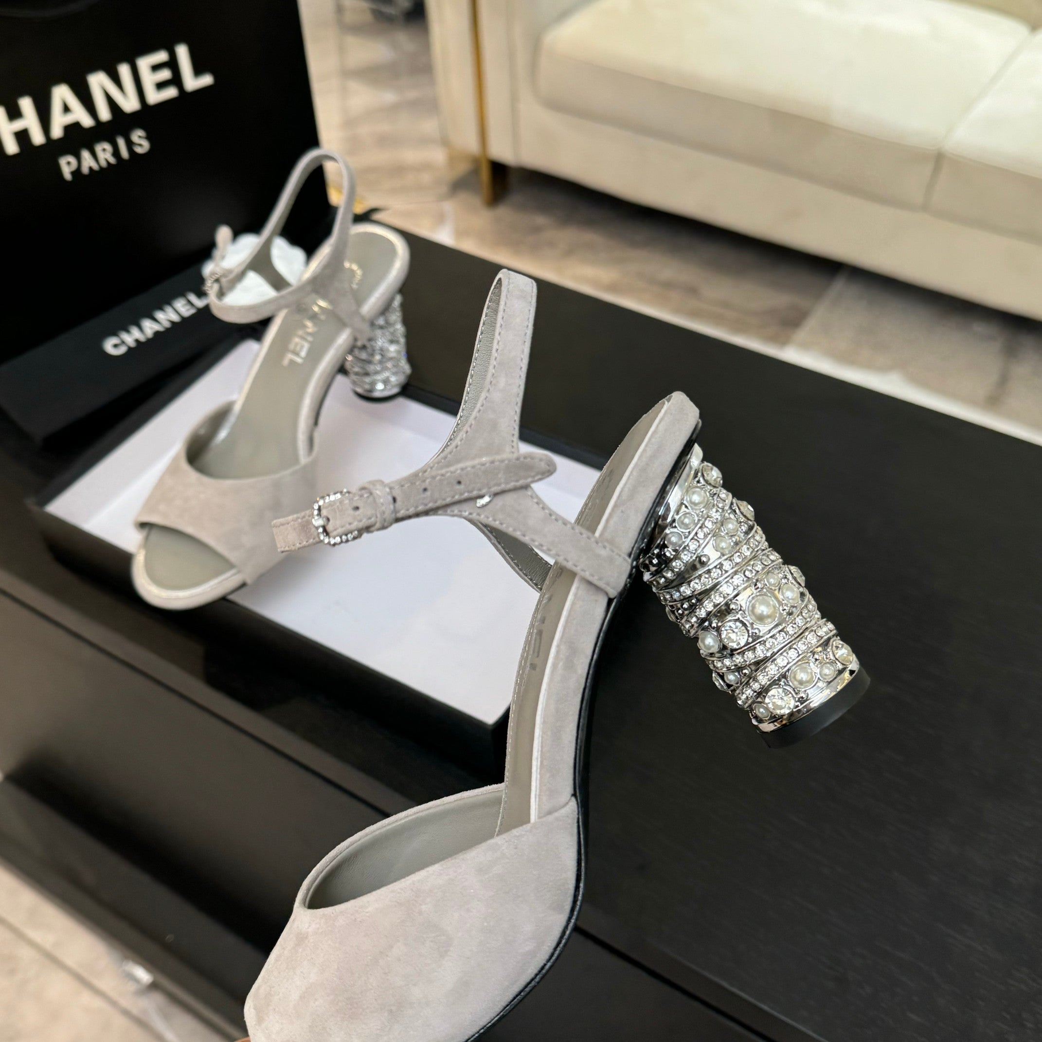 CHANEL T-STRAP PEARL HEEL 85 MM SANDALS IN PASTEL GRAY SUEDE