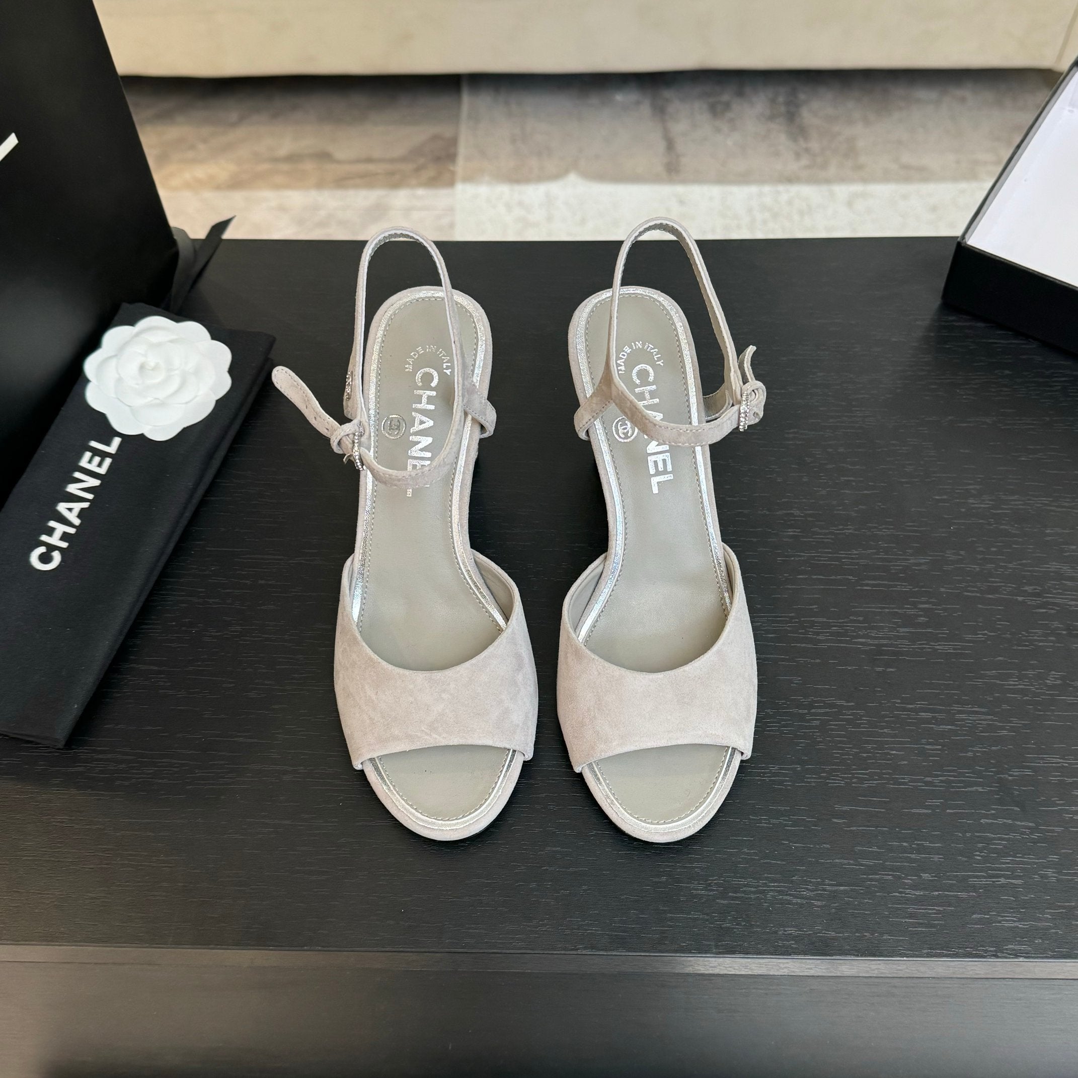 CHANEL T-STRAP PEARL HEEL 85 MM SANDALS IN PASTEL GRAY SUEDE