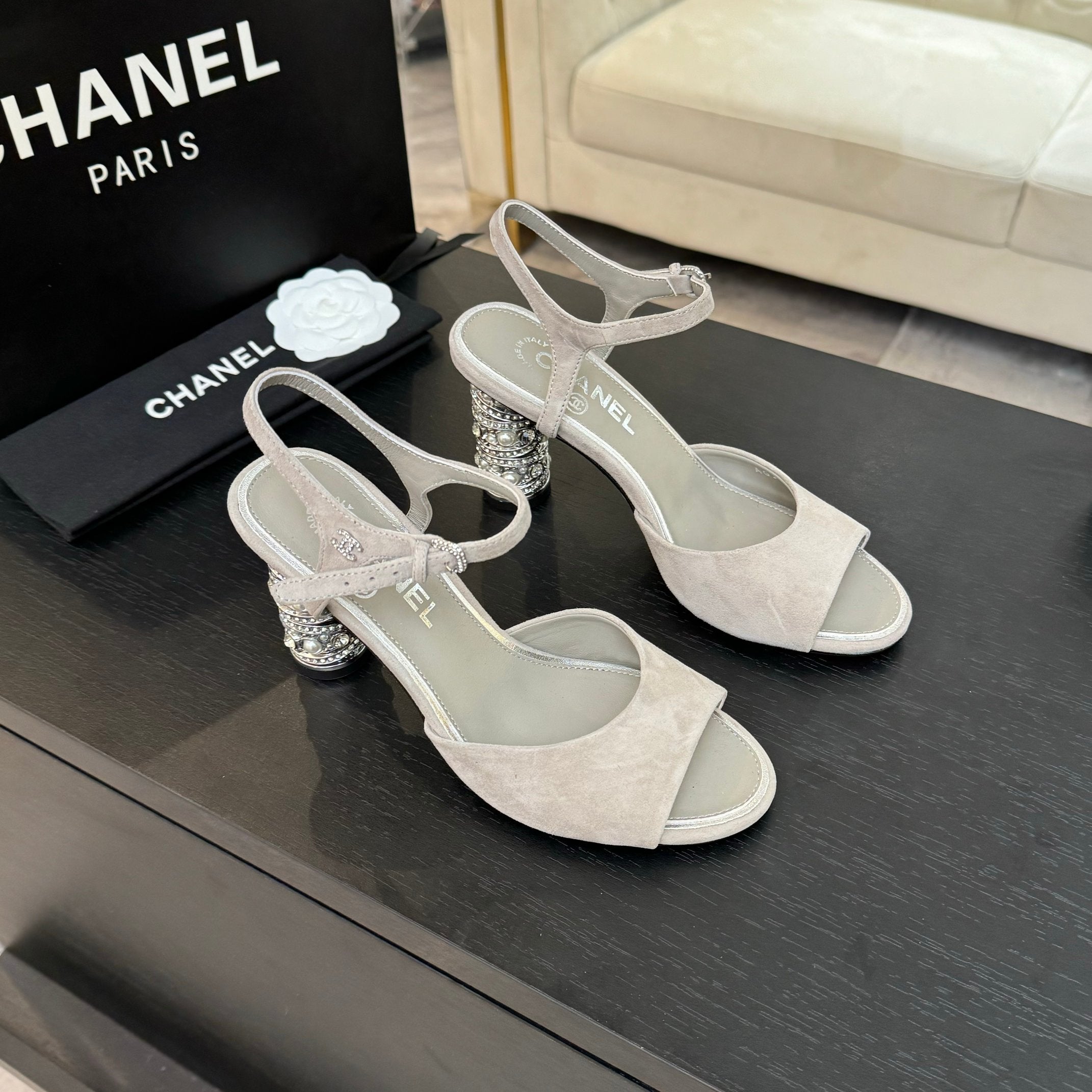 CHANEL T-STRAP PEARL HEEL 85 MM SANDALS IN PASTEL GRAY SUEDE