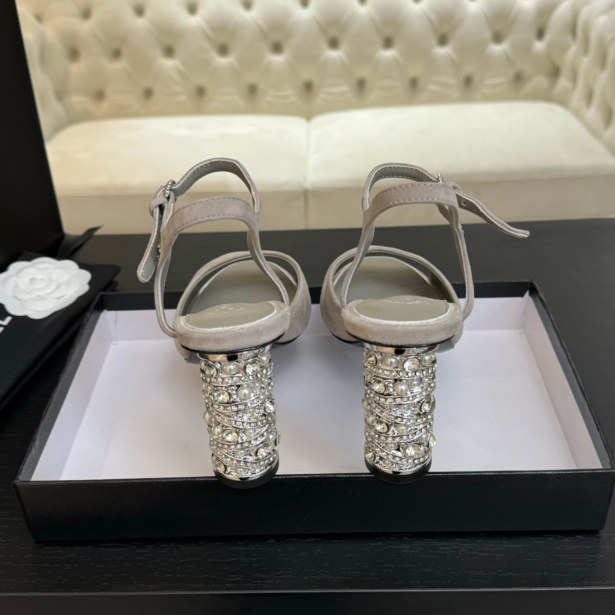 CHANEL T-STRAP PEARL HEEL 85 MM SANDALS IN PASTEL GRAY SUEDE