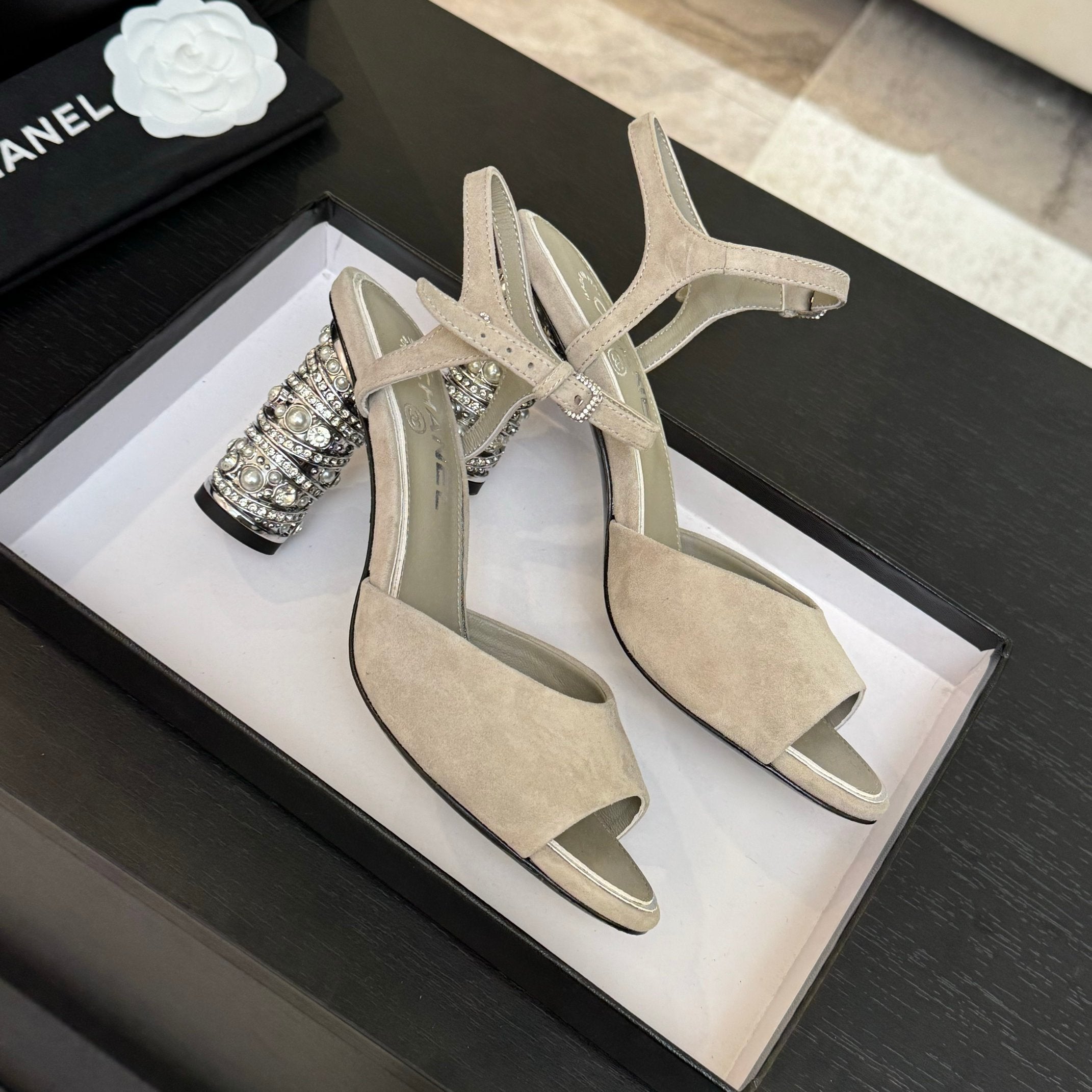 CHANEL T-STRAP PEARL HEEL 85 MM SANDALS IN PASTEL GRAY SUEDE
