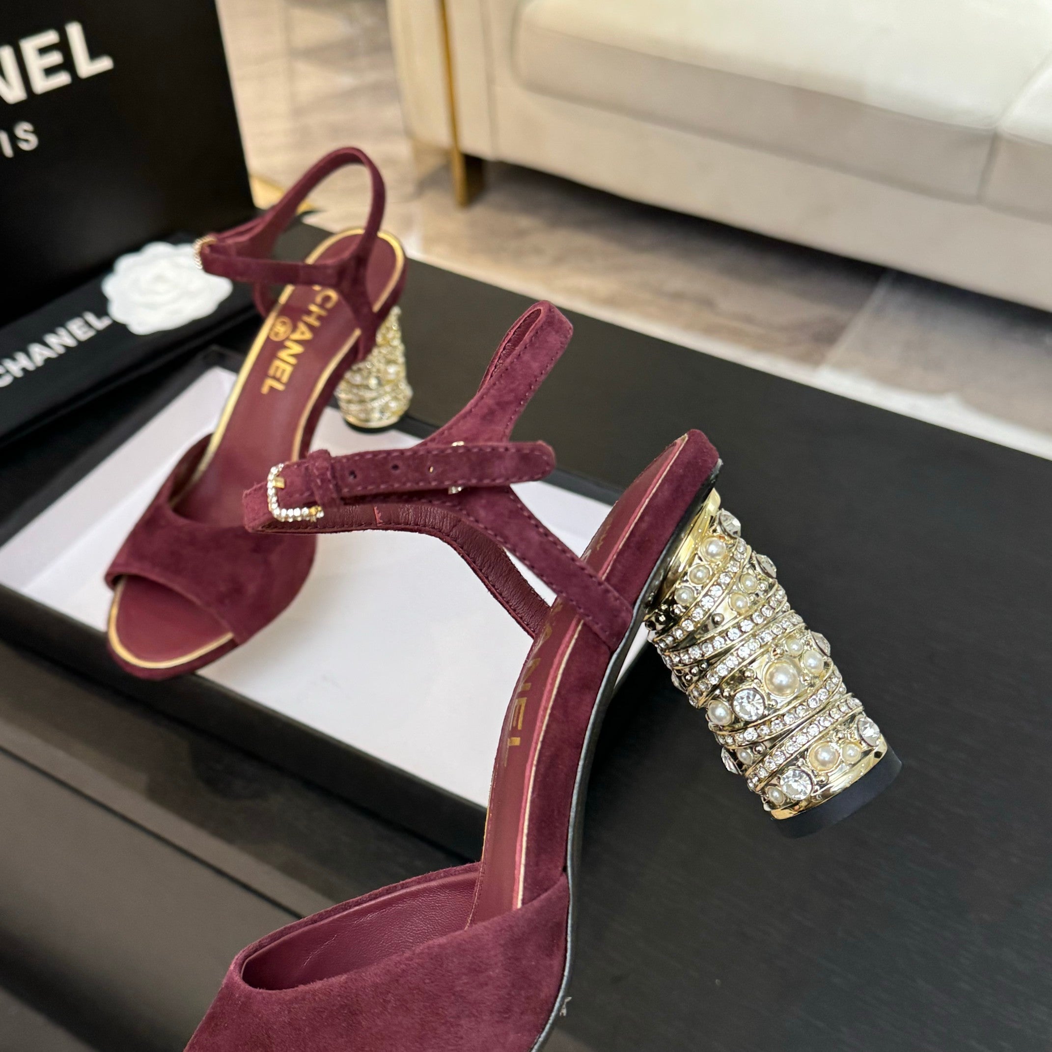 CHANEL T-STRAP PEARL HEEL 85 MM SANDALS IN SANGRIA RED SUEDE