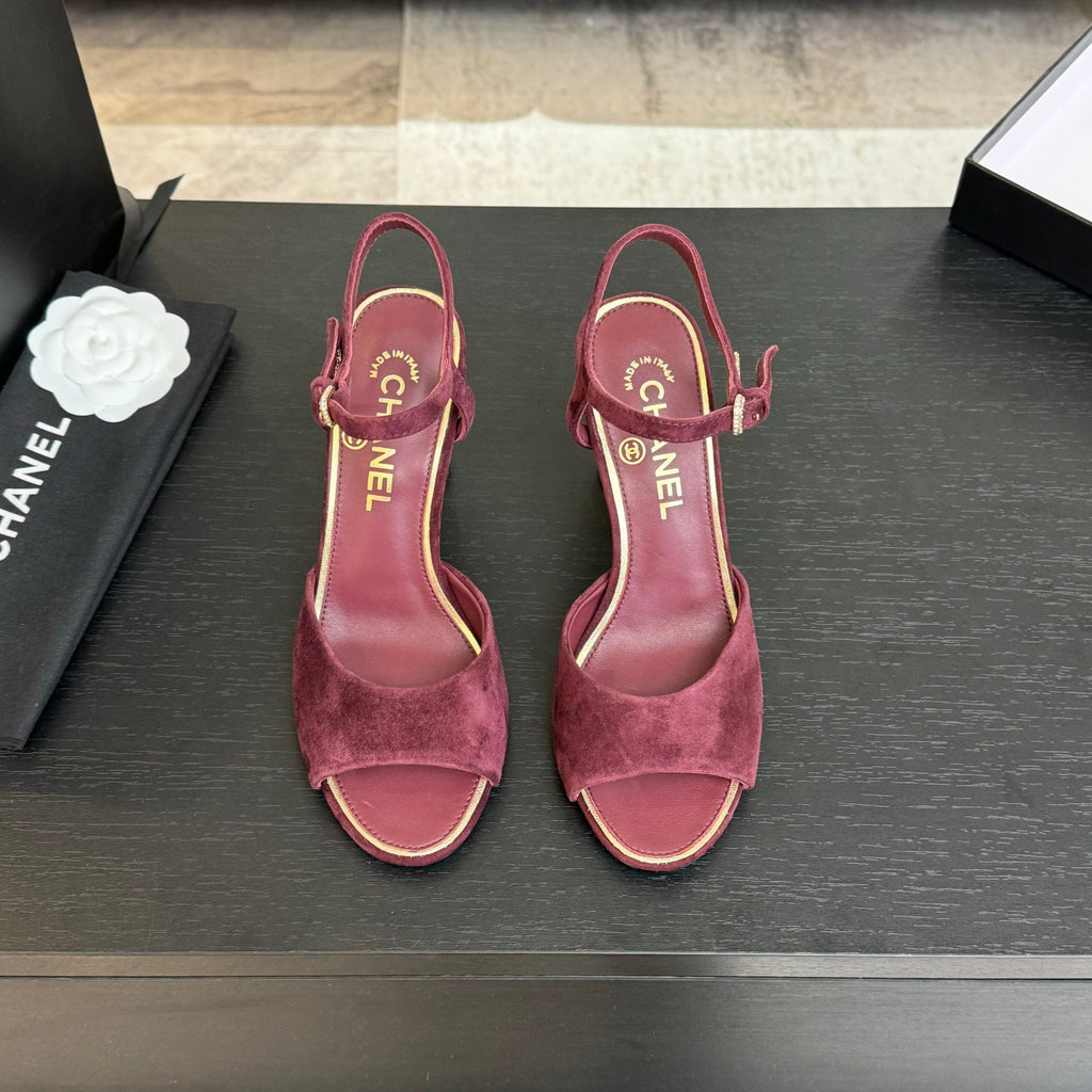 CHANEL T-STRAP PEARL HEEL 85 MM SANDALS IN SANGRIA RED SUEDE