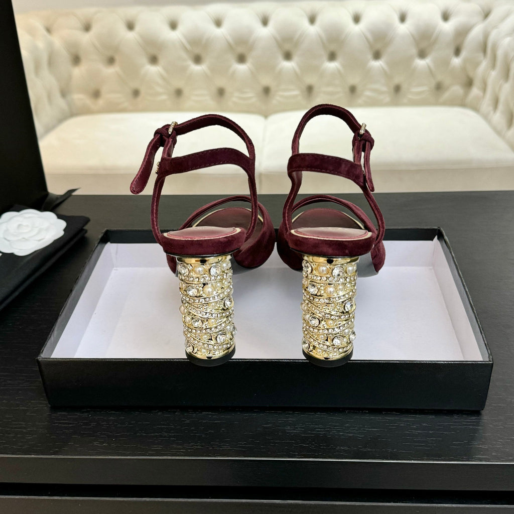 CHANEL T-STRAP PEARL HEEL 85 MM SANDALS IN SANGRIA RED SUEDE