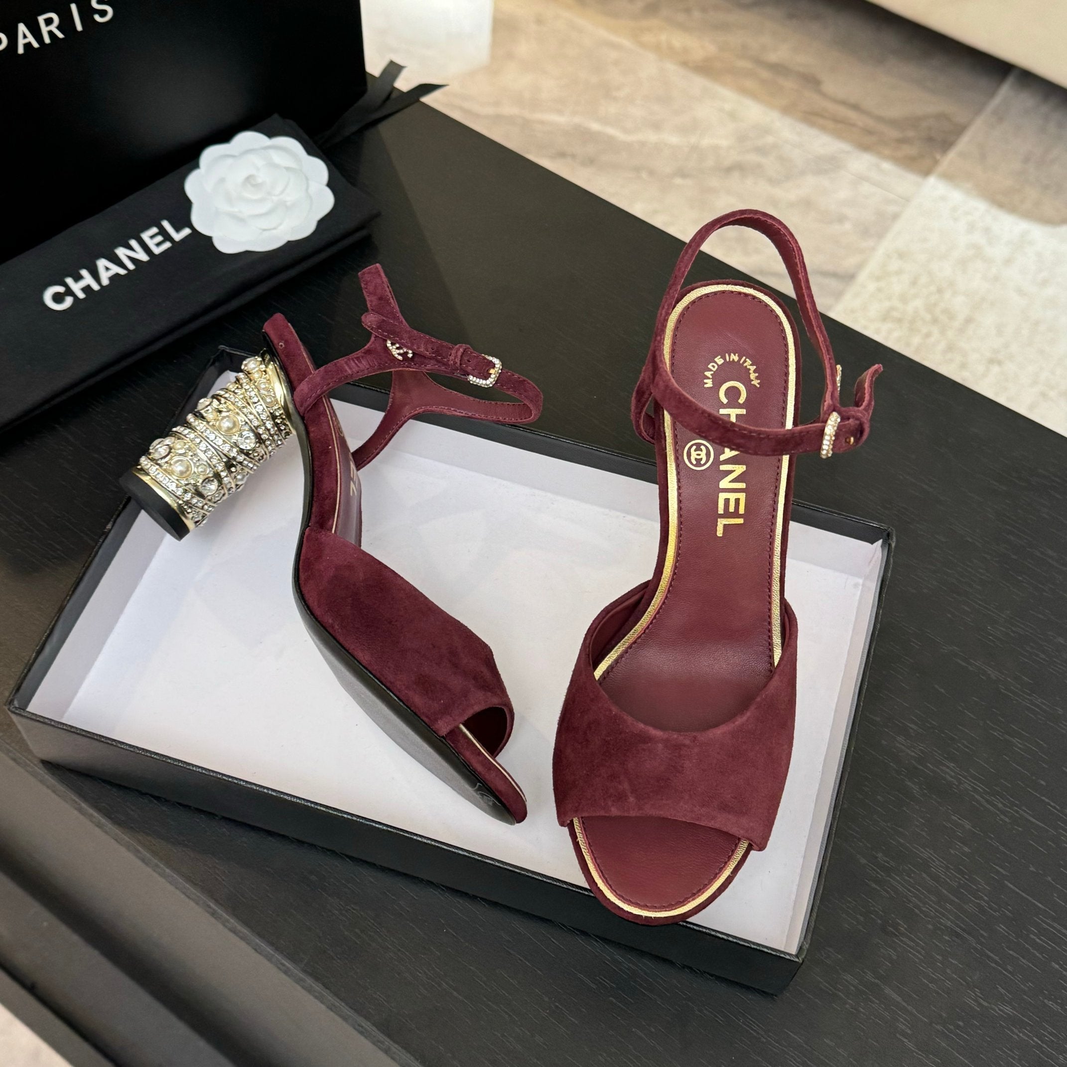 CHANEL T-STRAP PEARL HEEL 85 MM SANDALS IN SANGRIA RED SUEDE