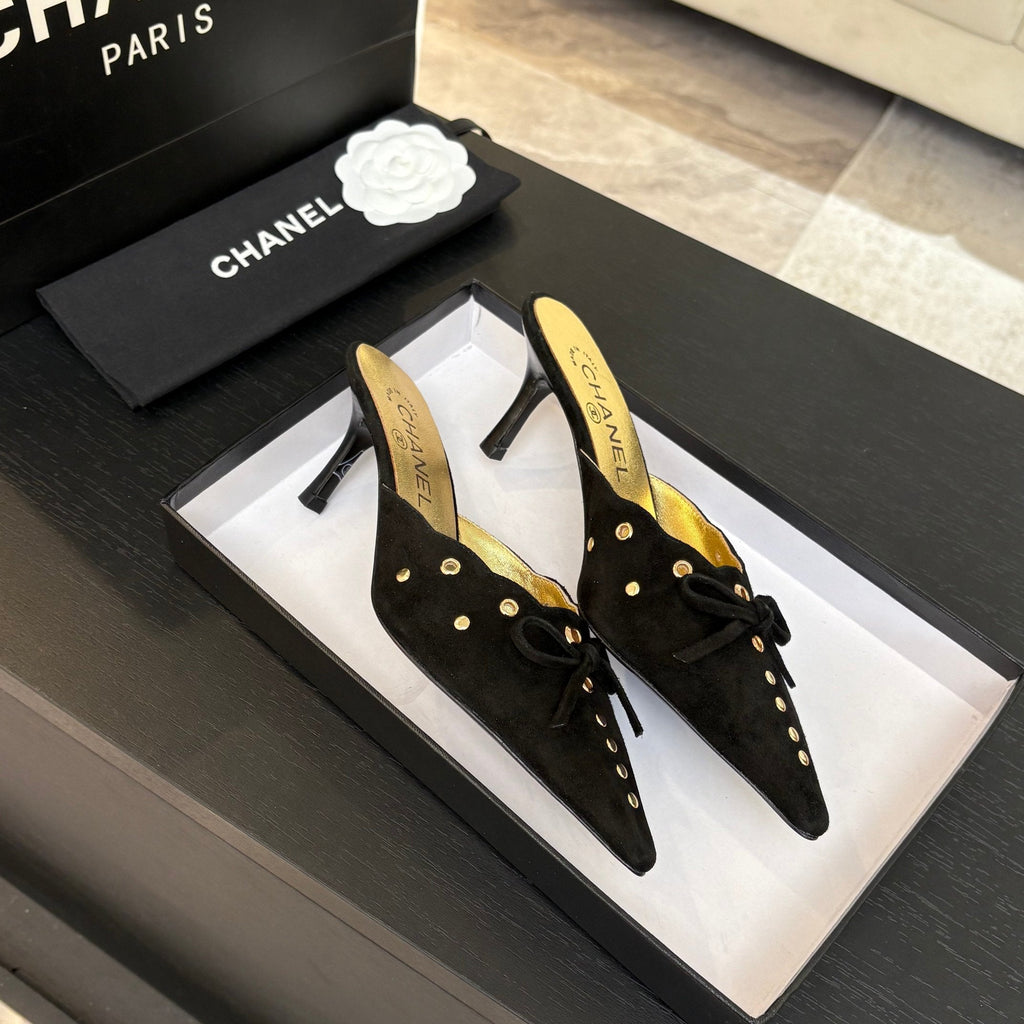 CHANEL HIGH HEEL MULE 65 MM IN BLACK SUEDE