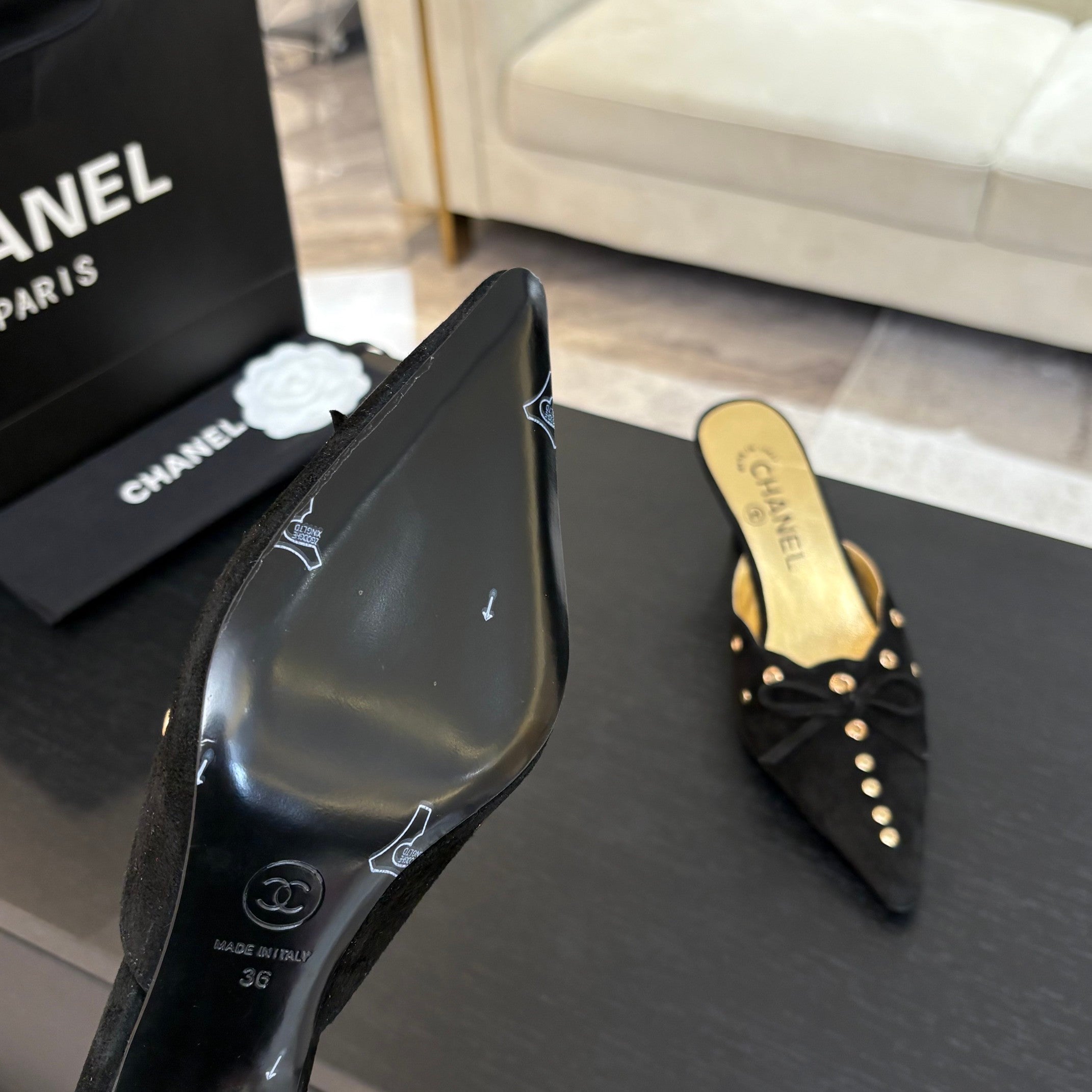CHANEL HIGH HEEL MULE 65 MM IN BLACK SUEDE