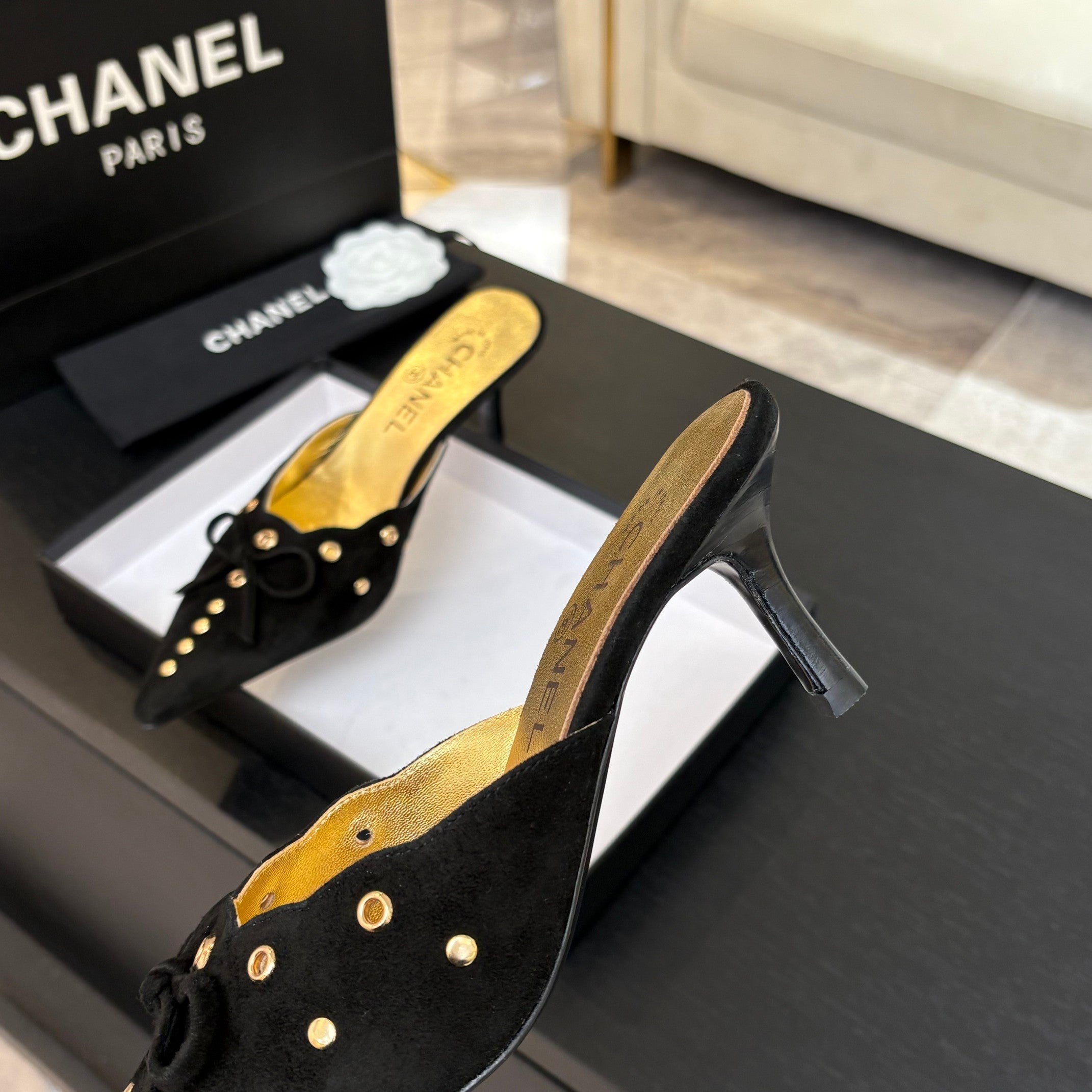 CHANEL HIGH HEEL MULE 65 MM IN BLACK SUEDE
