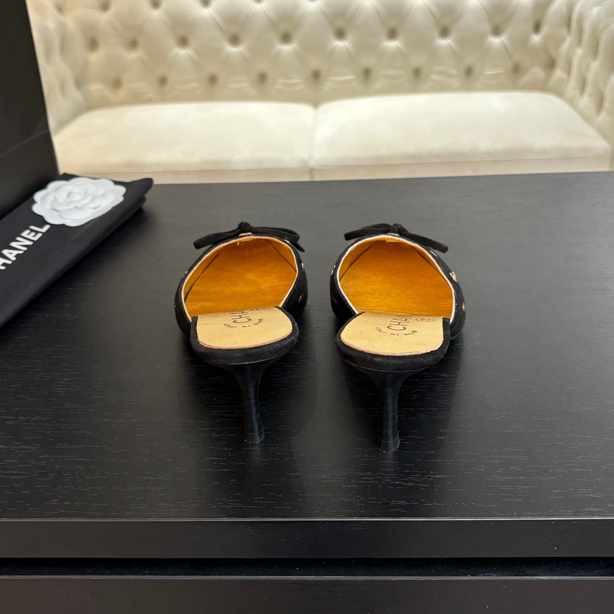CHANEL HIGH HEEL MULE 65 MM IN BLACK SUEDE