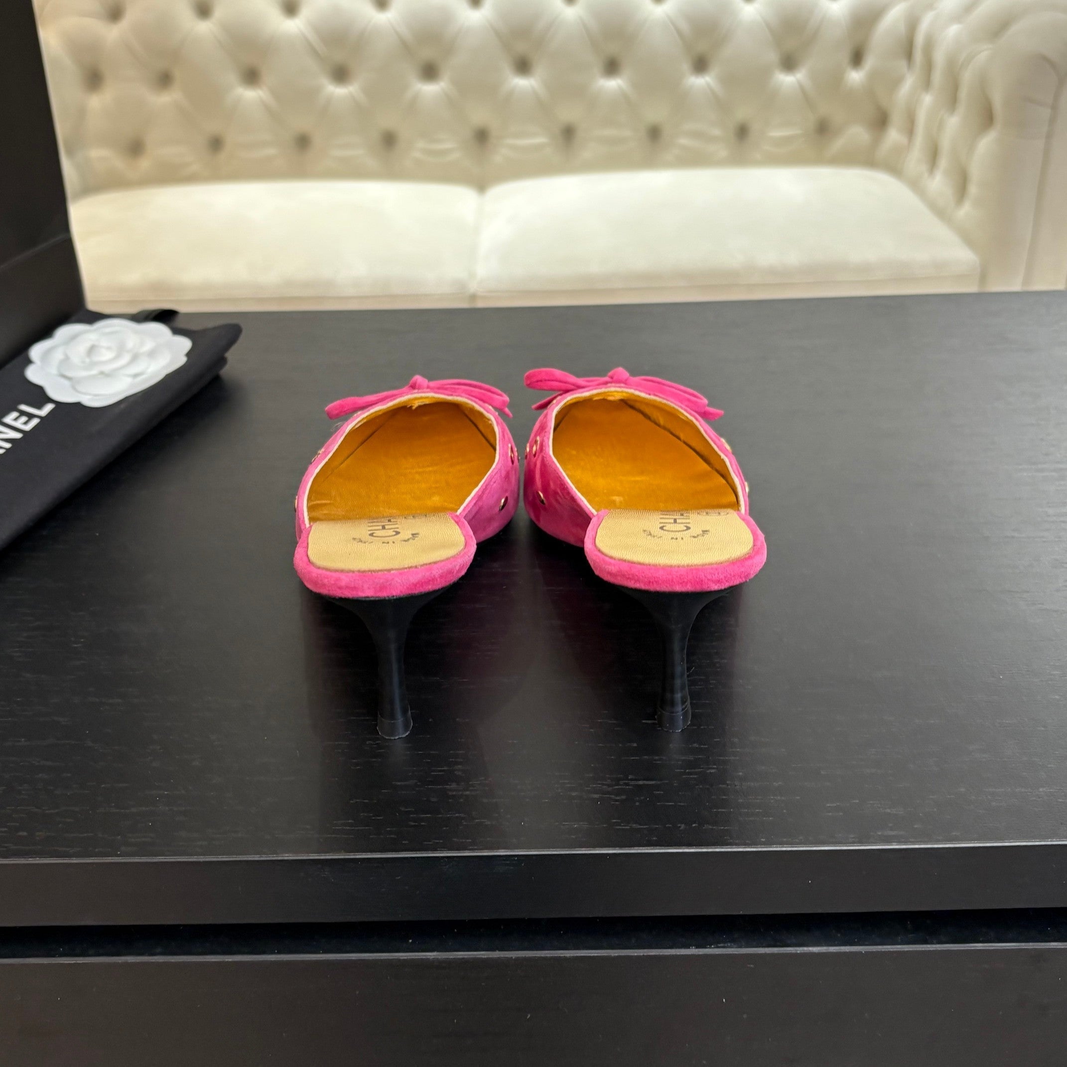 CHANEL HIGH HEEL MULE 65 MM IN DEEP PINK SUEDE