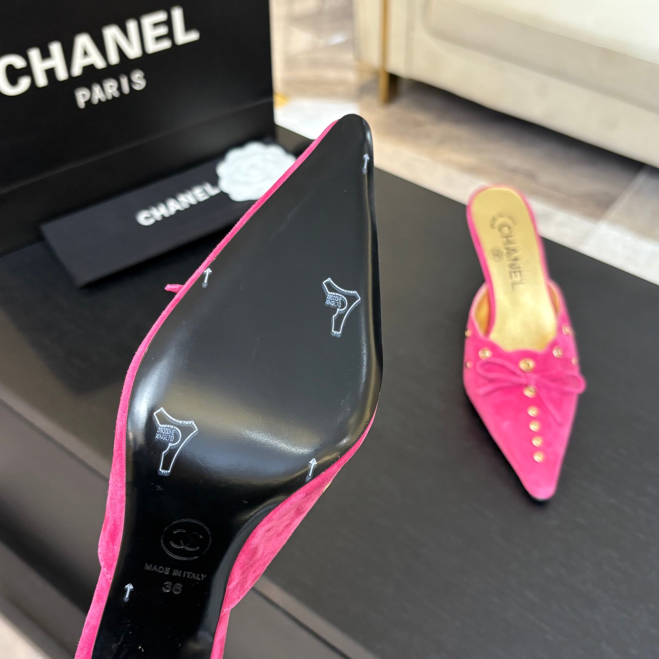 CHANEL HIGH HEEL MULE 65 MM IN DEEP PINK SUEDE