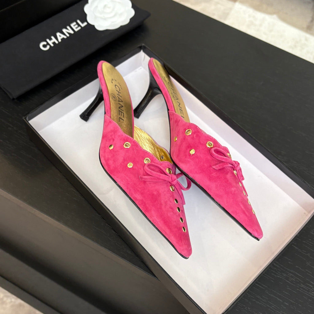 CHANEL HIGH HEEL MULE 65 MM IN DEEP PINK SUEDE