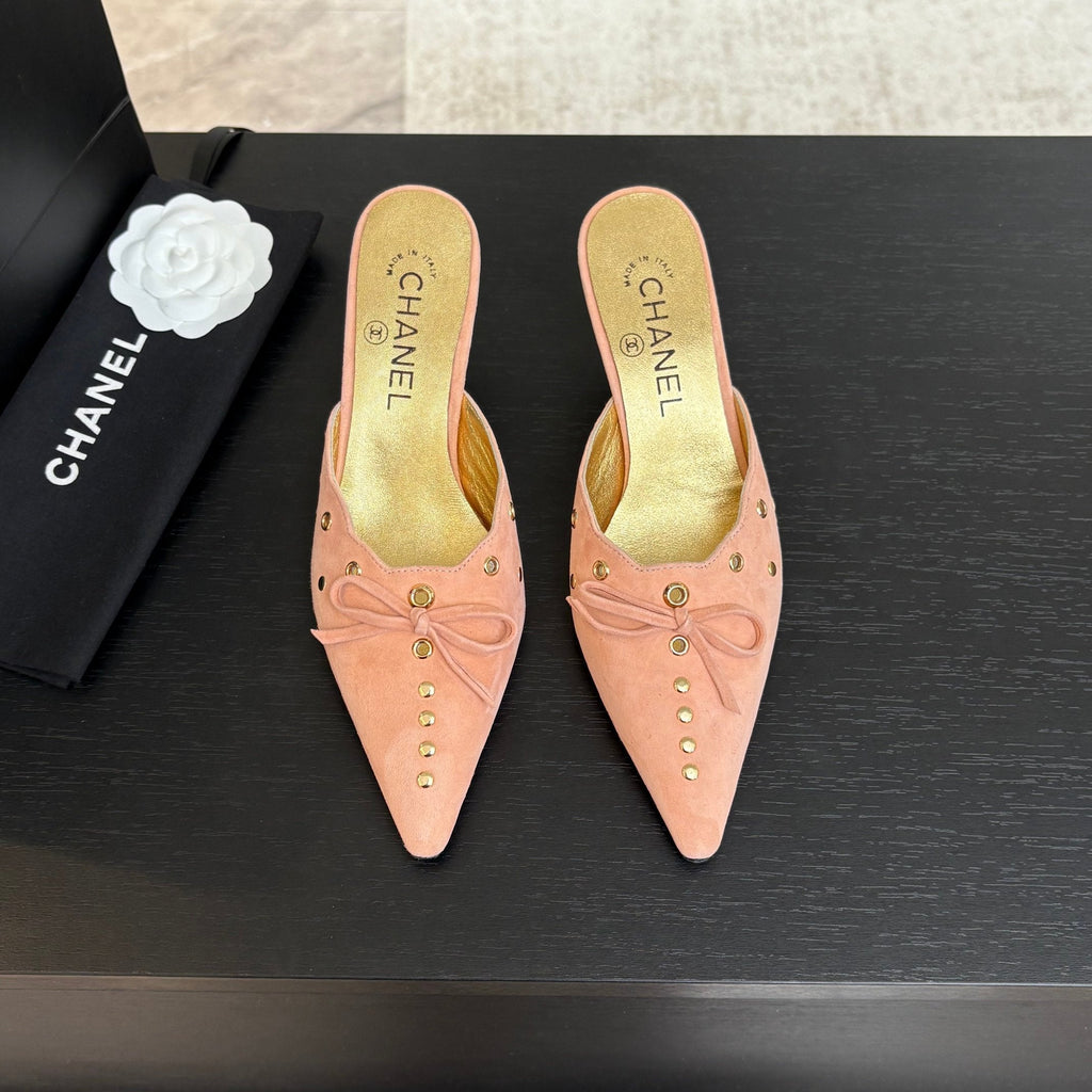 CHANEL HIGH HEEL MULE 65 MM IN LIGHT PINK SUEDE
