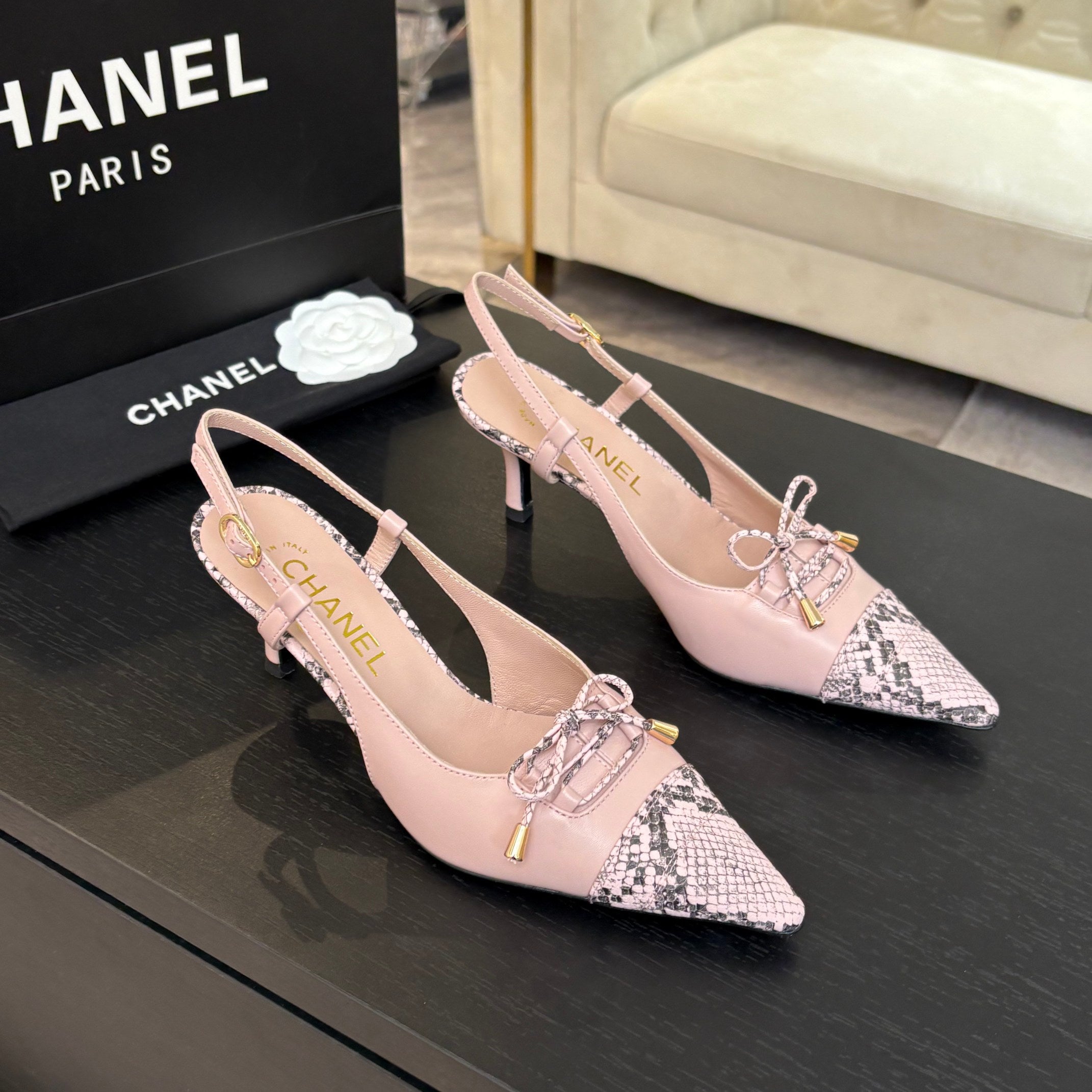 CHANEL HIGH HEEL SLINGBACKS 65 MM IN BABY PINK WITH SNAKESKIN PATTERN LAMBSKIN