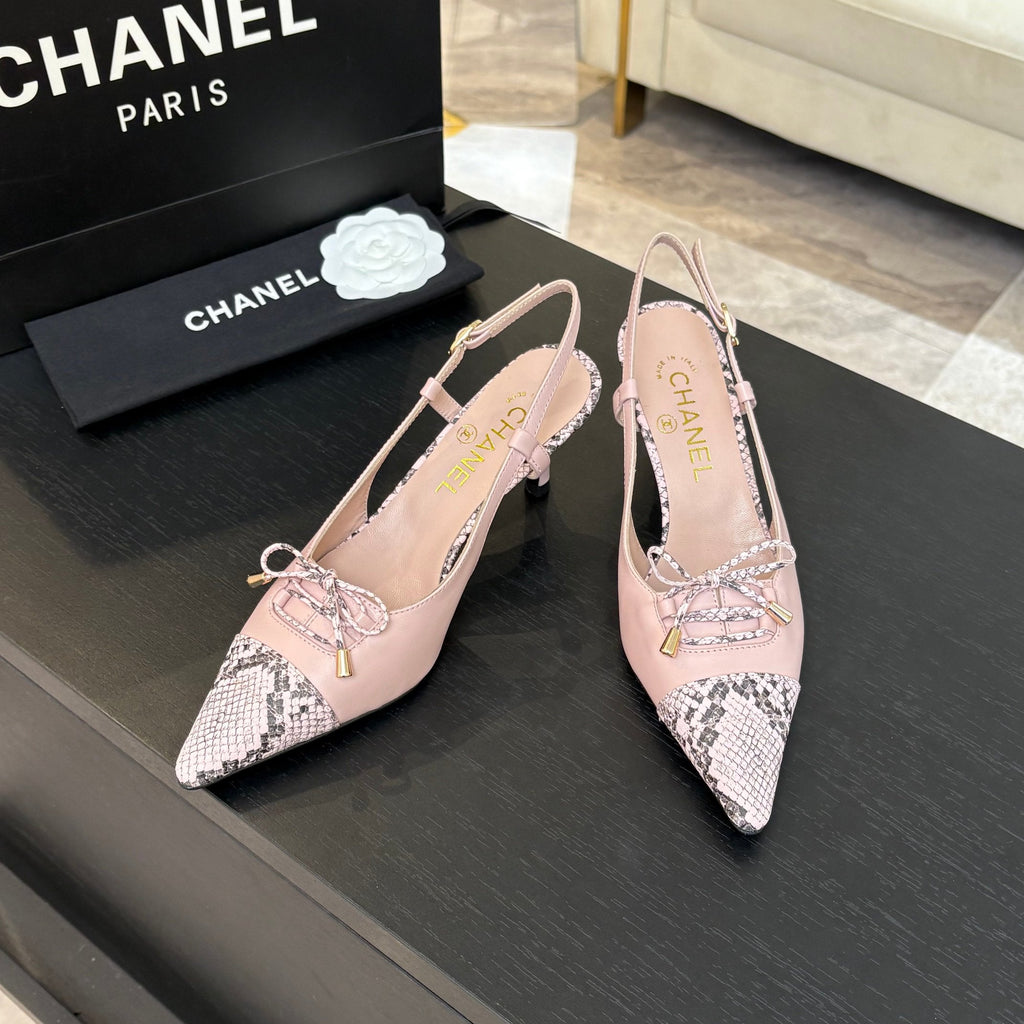CHANEL HIGH HEEL SLINGBACKS 65 MM IN BABY PINK WITH SNAKESKIN PATTERN LAMBSKIN