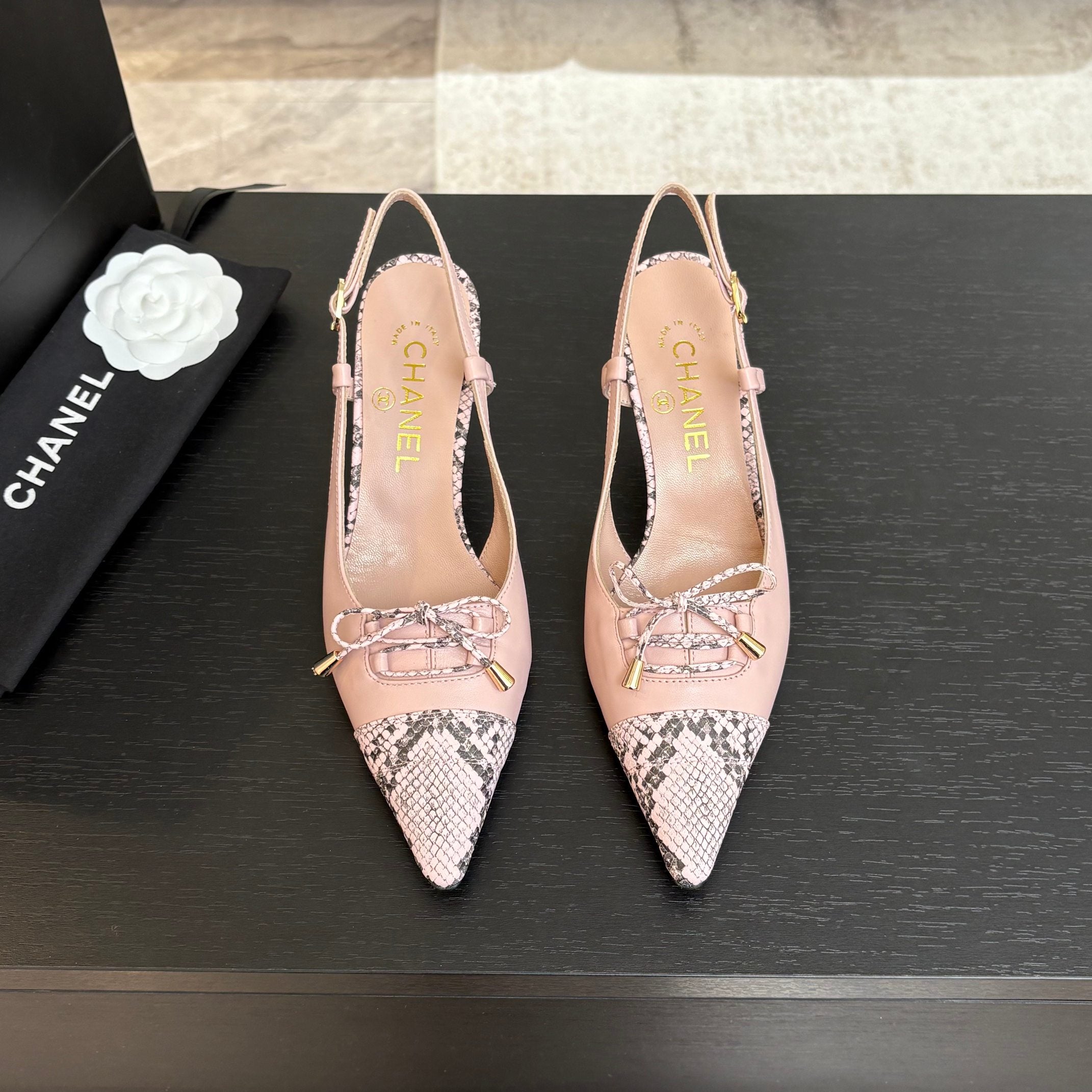 CHANEL HIGH HEEL SLINGBACKS 65 MM IN BABY PINK WITH SNAKESKIN PATTERN LAMBSKIN