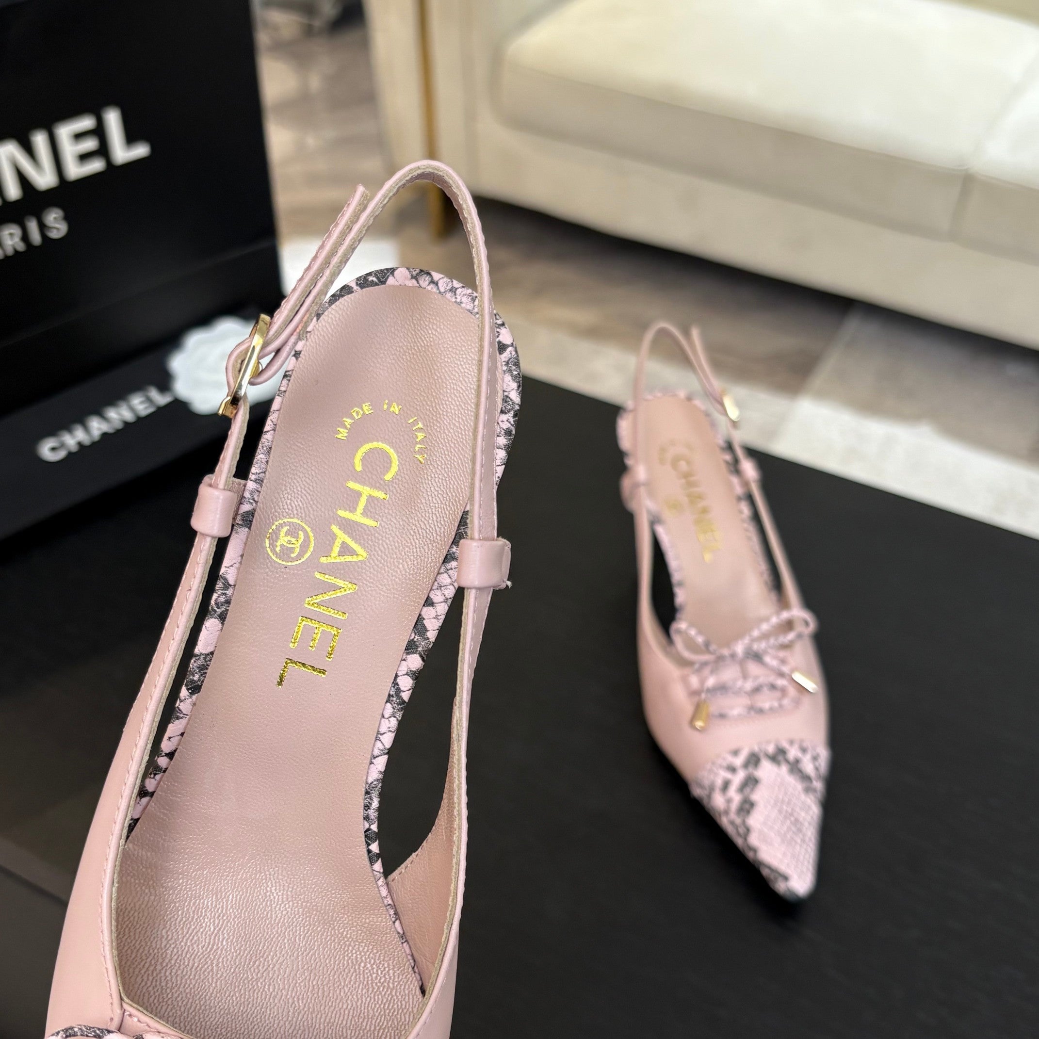 CHANEL HIGH HEEL SLINGBACKS 65 MM IN BABY PINK WITH SNAKESKIN PATTERN LAMBSKIN