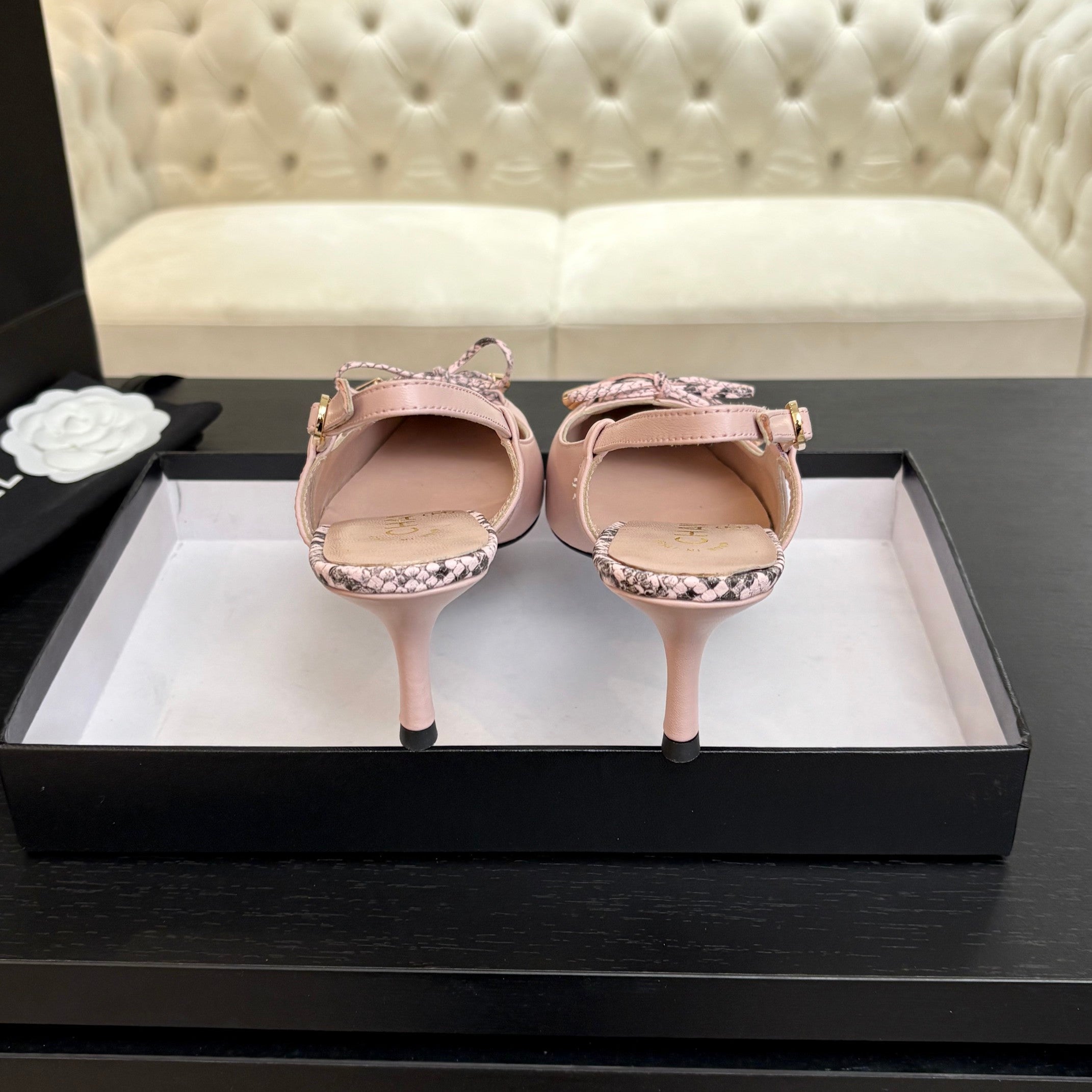 CHANEL HIGH HEEL SLINGBACKS 65 MM IN BABY PINK WITH SNAKESKIN PATTERN LAMBSKIN