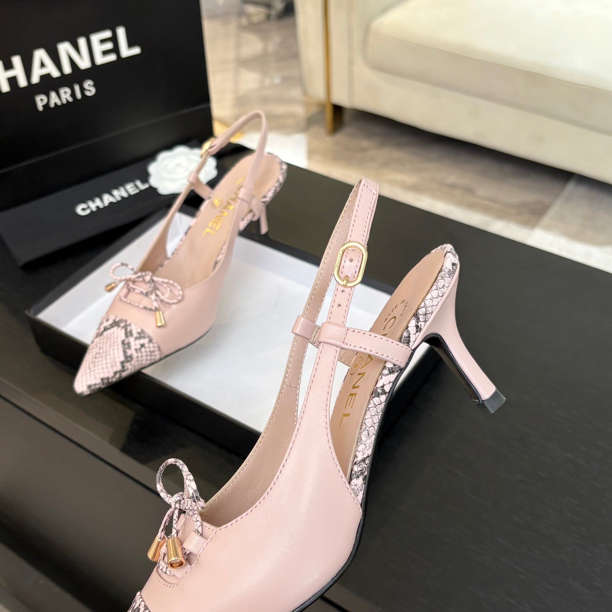 CHANEL HIGH HEEL SLINGBACKS 65 MM IN BABY PINK WITH SNAKESKIN PATTERN LAMBSKIN