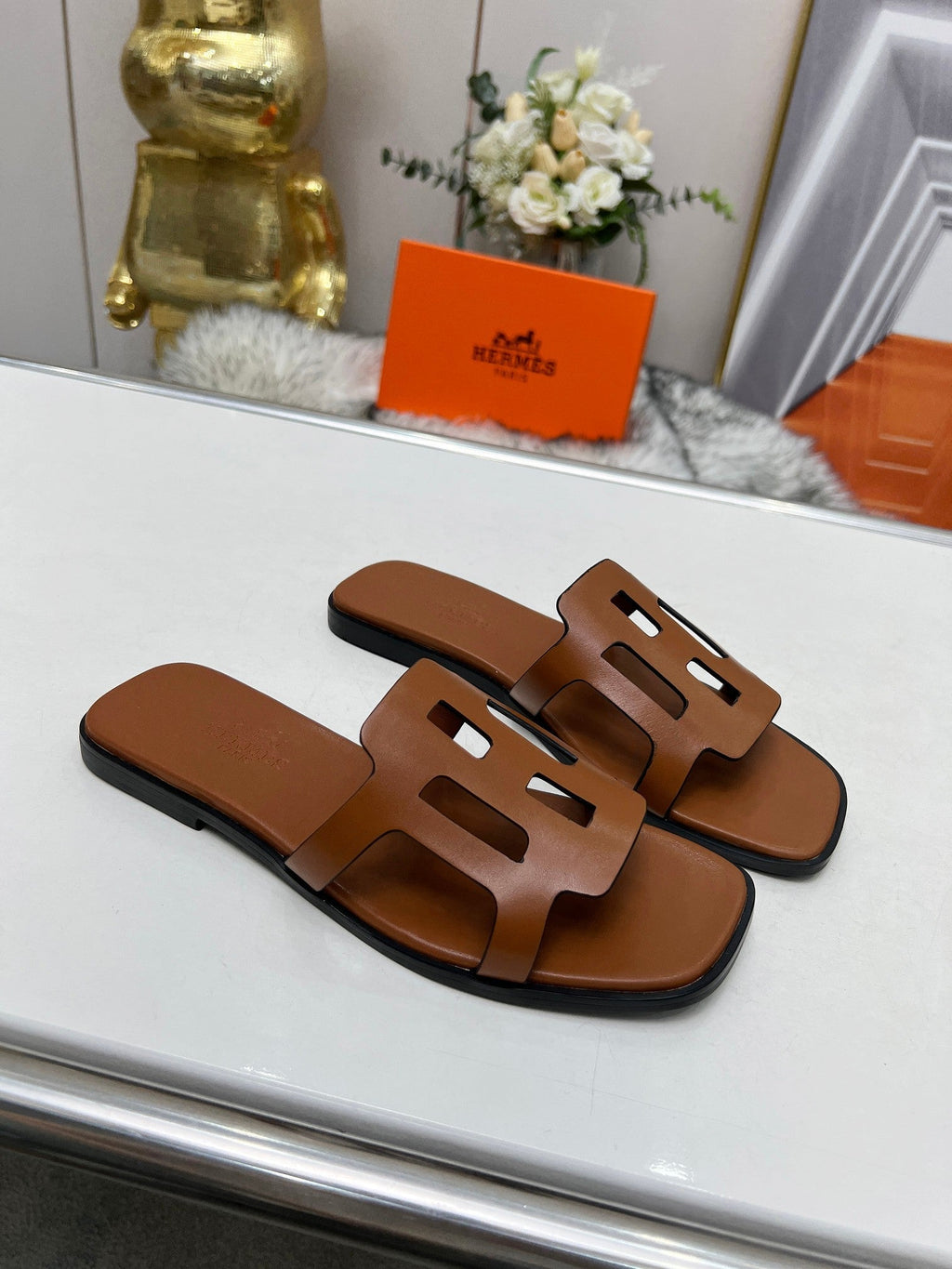 HERMES FLATFORM SANDAL CARAMEL CALFSKIN