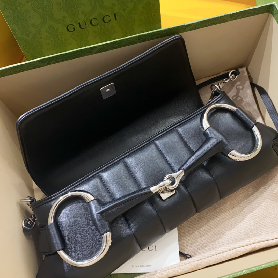 GUCCI HORSEBIT CHAIN HANDBAG 38 IN BLACK CALFSKIN SILVER HARDWARE