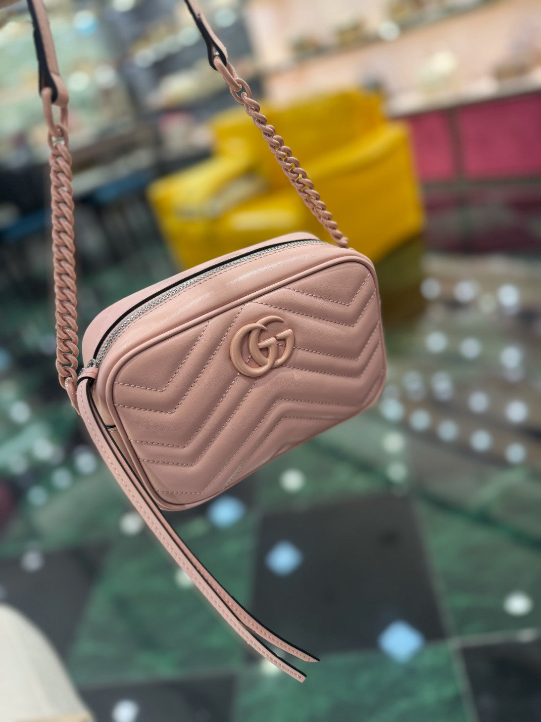 GUCCI MINI 18 MARMONT MATELASSÉ SHOULDER BAG LIGHT PINK CALFSKIN