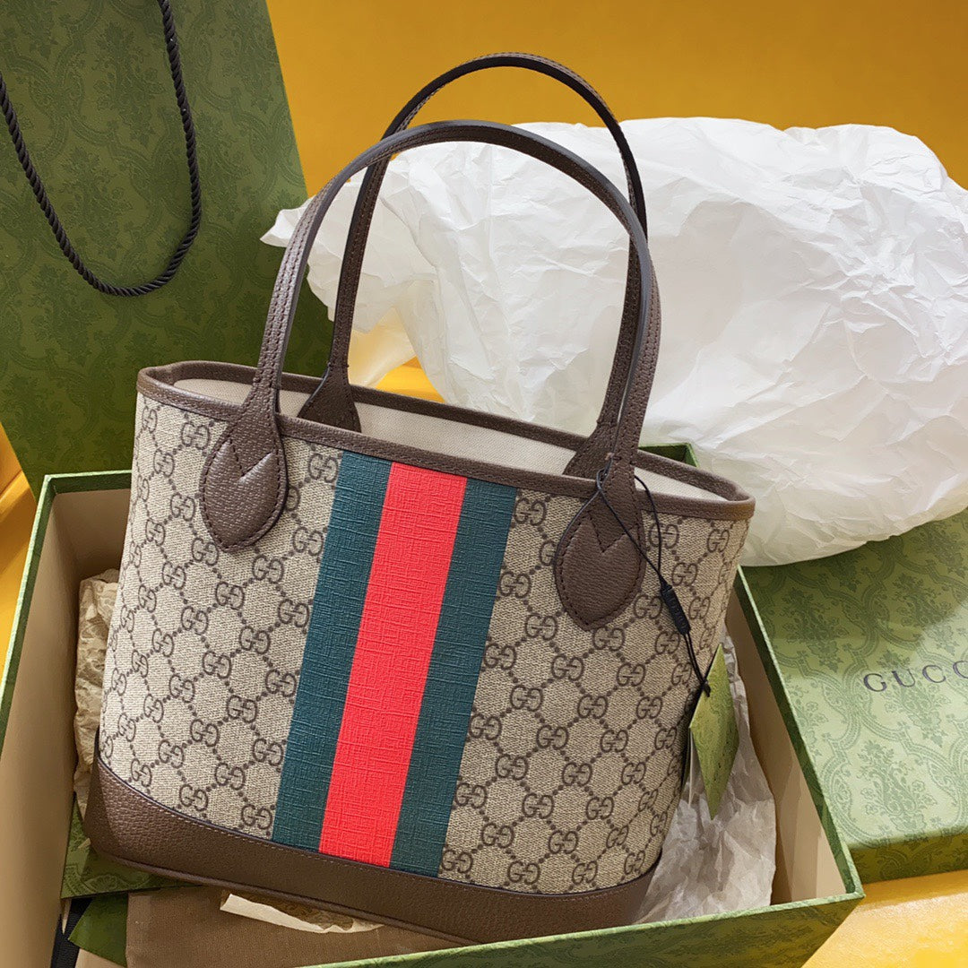 GUCCI OPHIDIA SMALL 25 TOTE IN BEIGE AND EBONY CANVAS