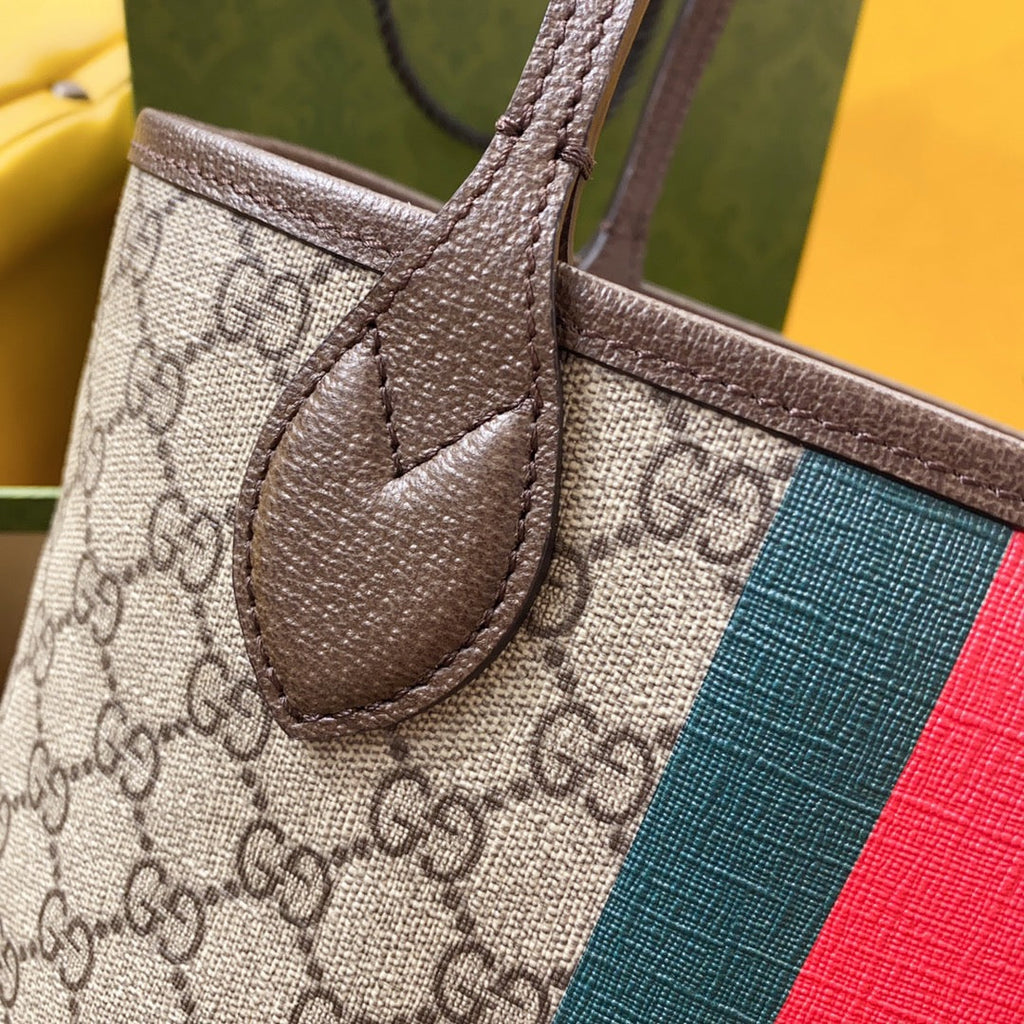 GUCCI OPHIDIA SMALL 25 TOTE IN BEIGE AND EBONY CANVAS