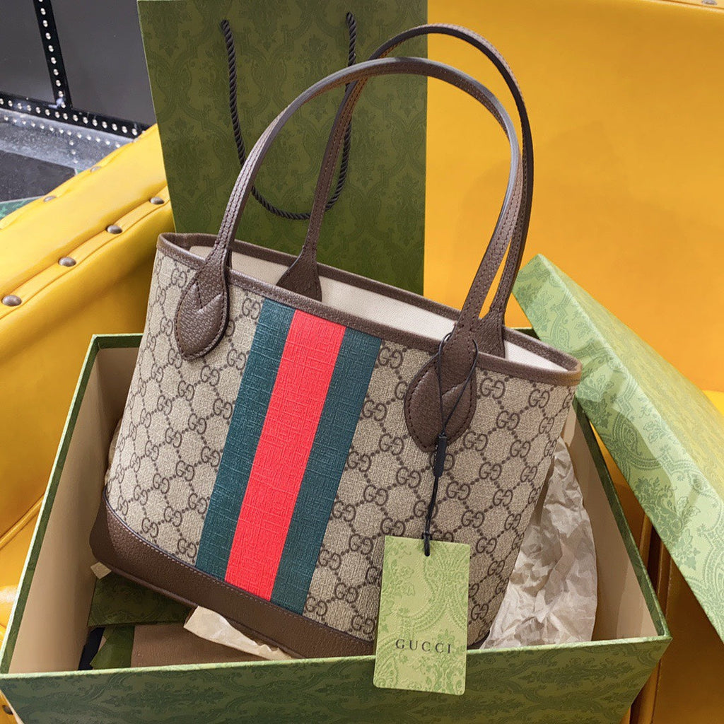 GUCCI OPHIDIA SMALL 25 TOTE IN BEIGE AND EBONY CANVAS