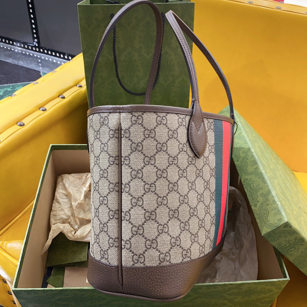GUCCI OPHIDIA SMALL 25 TOTE IN BEIGE AND EBONY CANVAS