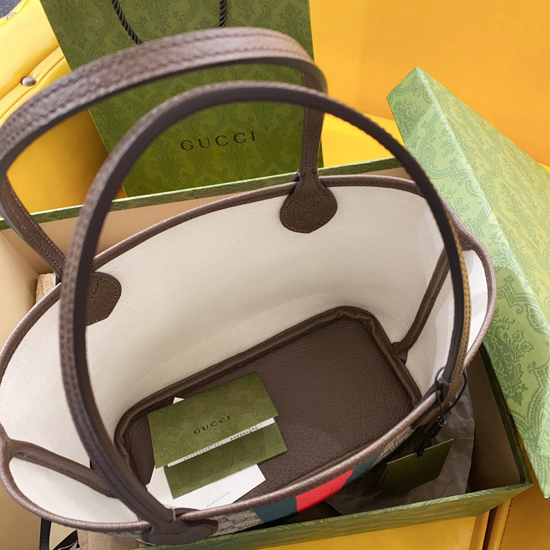 GUCCI OPHIDIA SMALL 25 TOTE IN BEIGE AND EBONY CANVAS