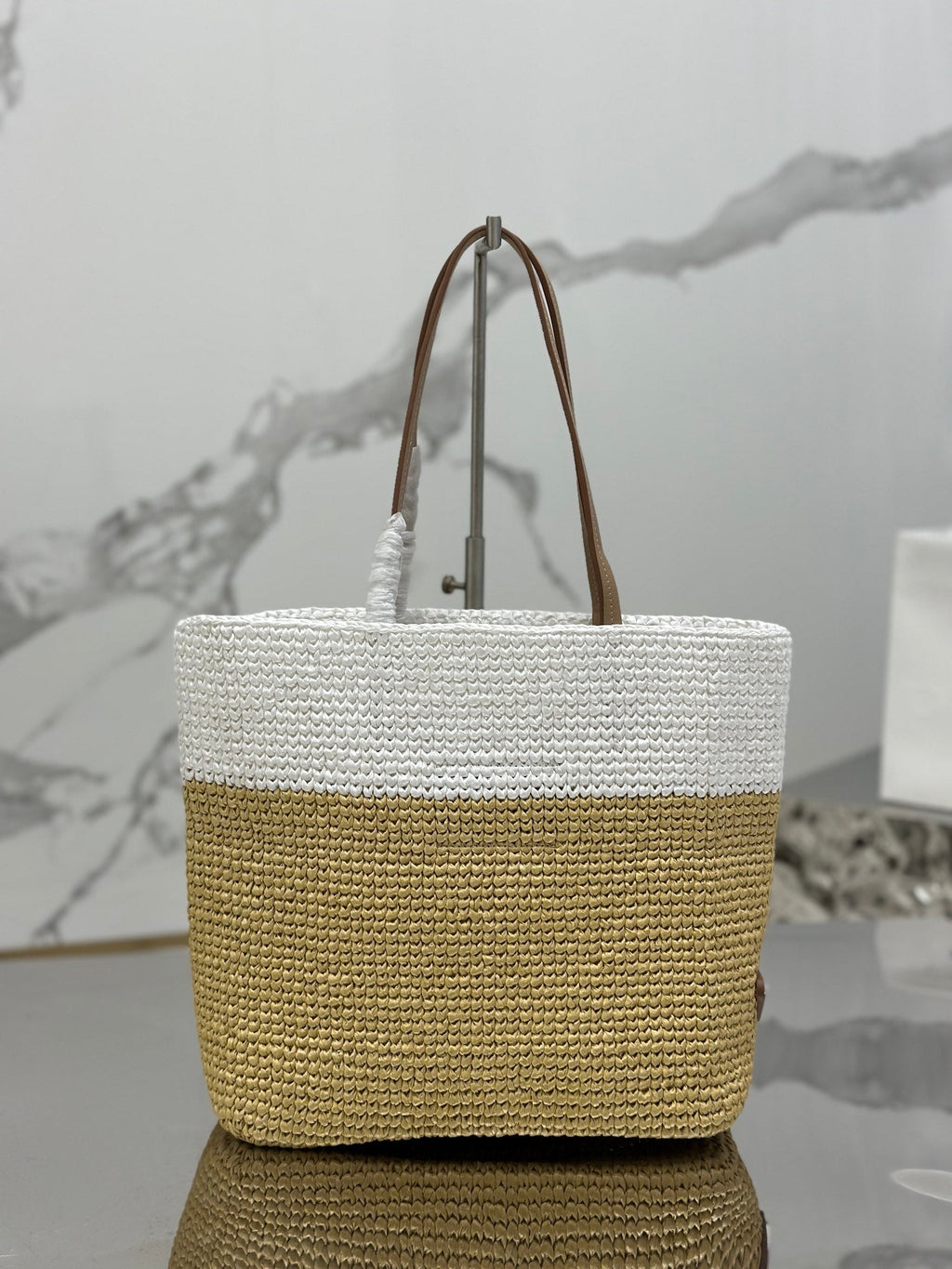 PRADA SMALL TOTE BAG 27 IN WHITE MIX BEIGE RAFFIA AND BROWN CALFSKIN HANDLE