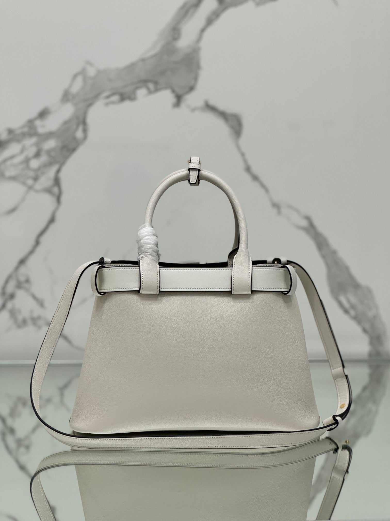 PRADA TOTE BAG WITH BELT 32 IN WHITE IMPORTED CALFSKIN