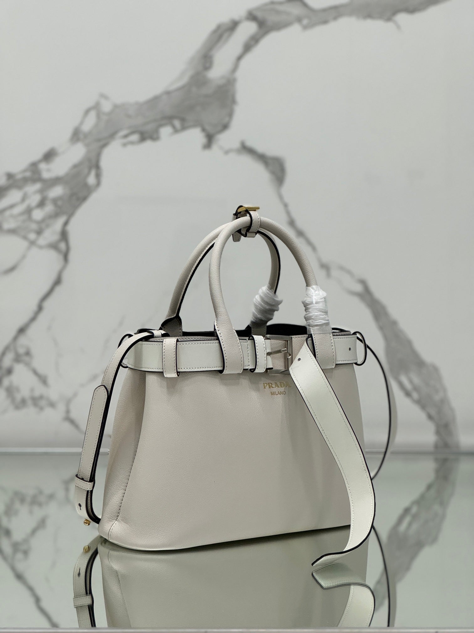 PRADA TOTE BAG WITH BELT 32 IN WHITE IMPORTED CALFSKIN