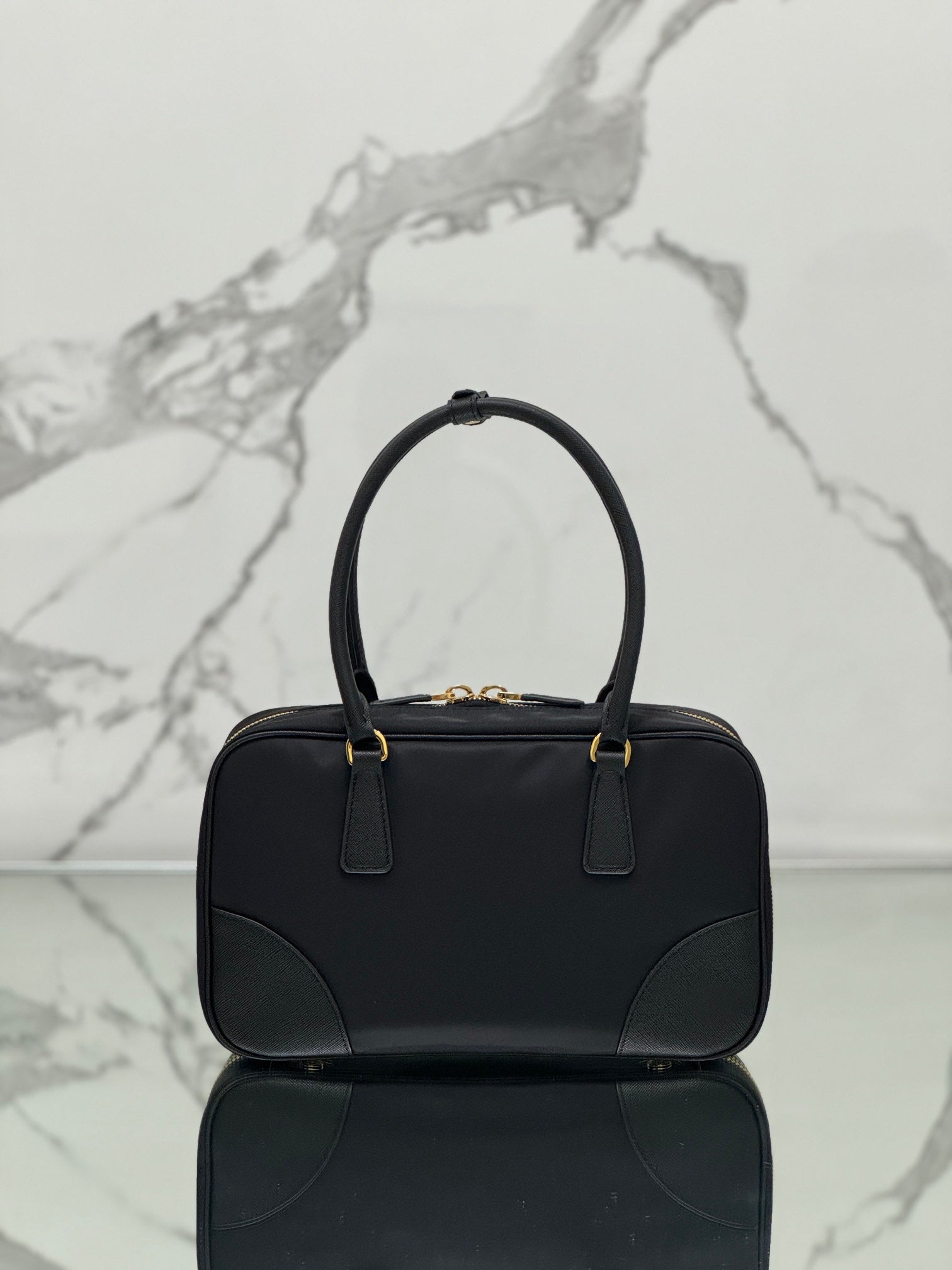 PRADA MEDIUM TOP HANDLE BAG 30 IN BLACK NYLON AND CALFSKIN TRIM