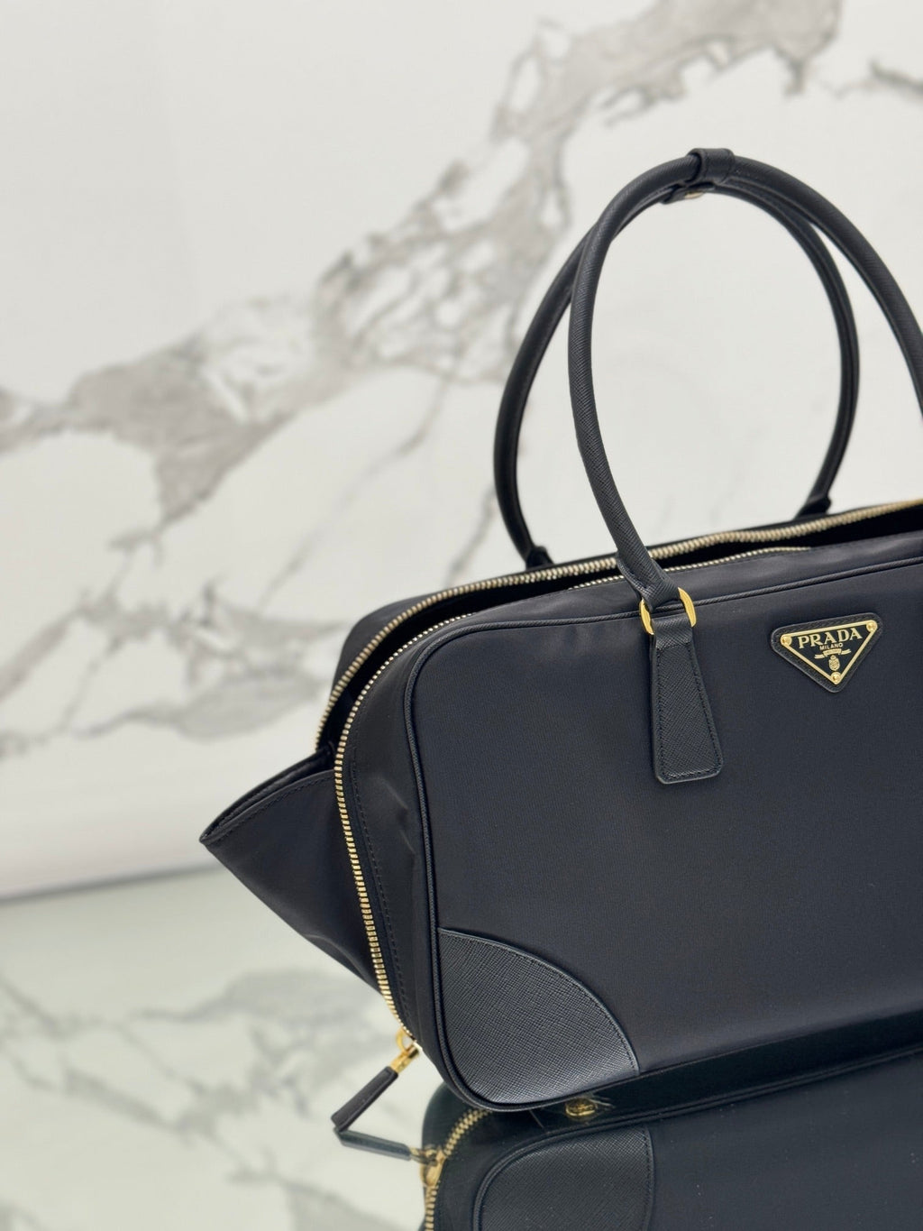 PRADA LARGE TOP HANDLE BAG 35 IN BLACK NYLON AND CALFSKIN TRIM