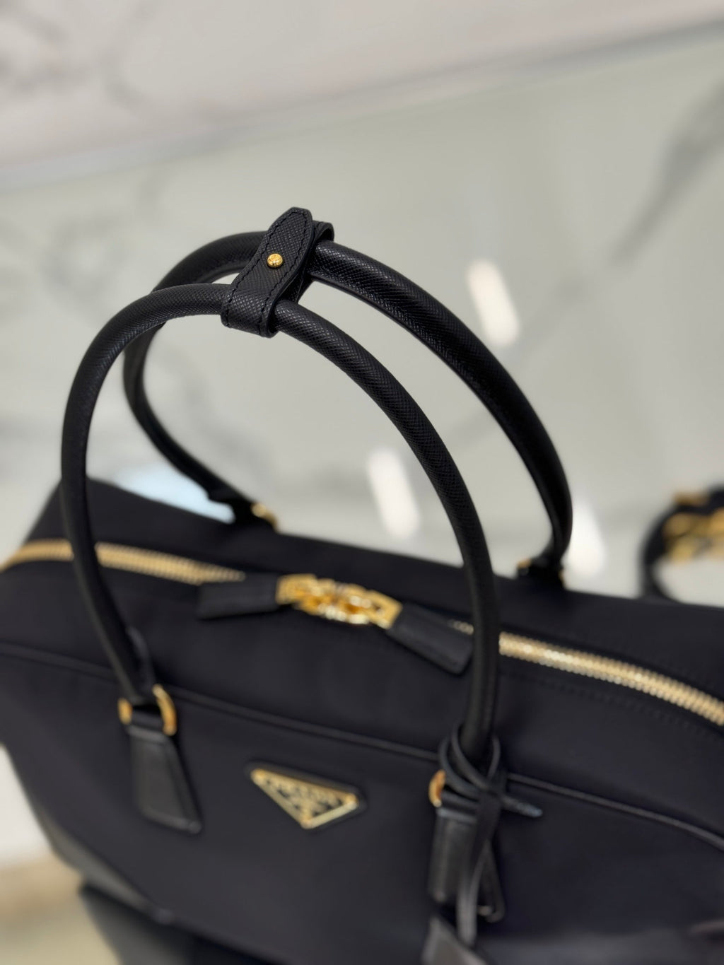PRADA LARGE TOP HANDLE BAG 35 IN BLACK NYLON AND CALFSKIN TRIM