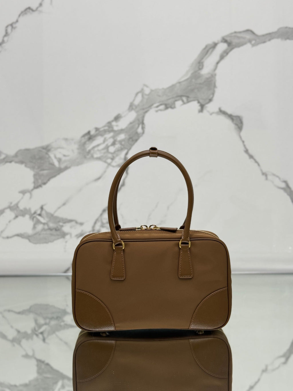 PRADA MEDIUM TOP HANDLE BAG 30 IN CHERRY WOOD NYLON AND CALFSKIN TRIM