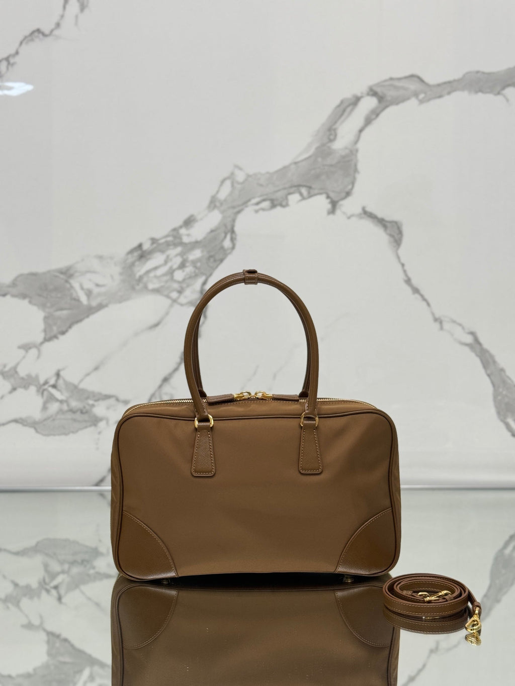 PRADA LARGE TOP HANDLE BAG 35 IN CHERRY WOOD NYLON AND CALFSKIN TRIM