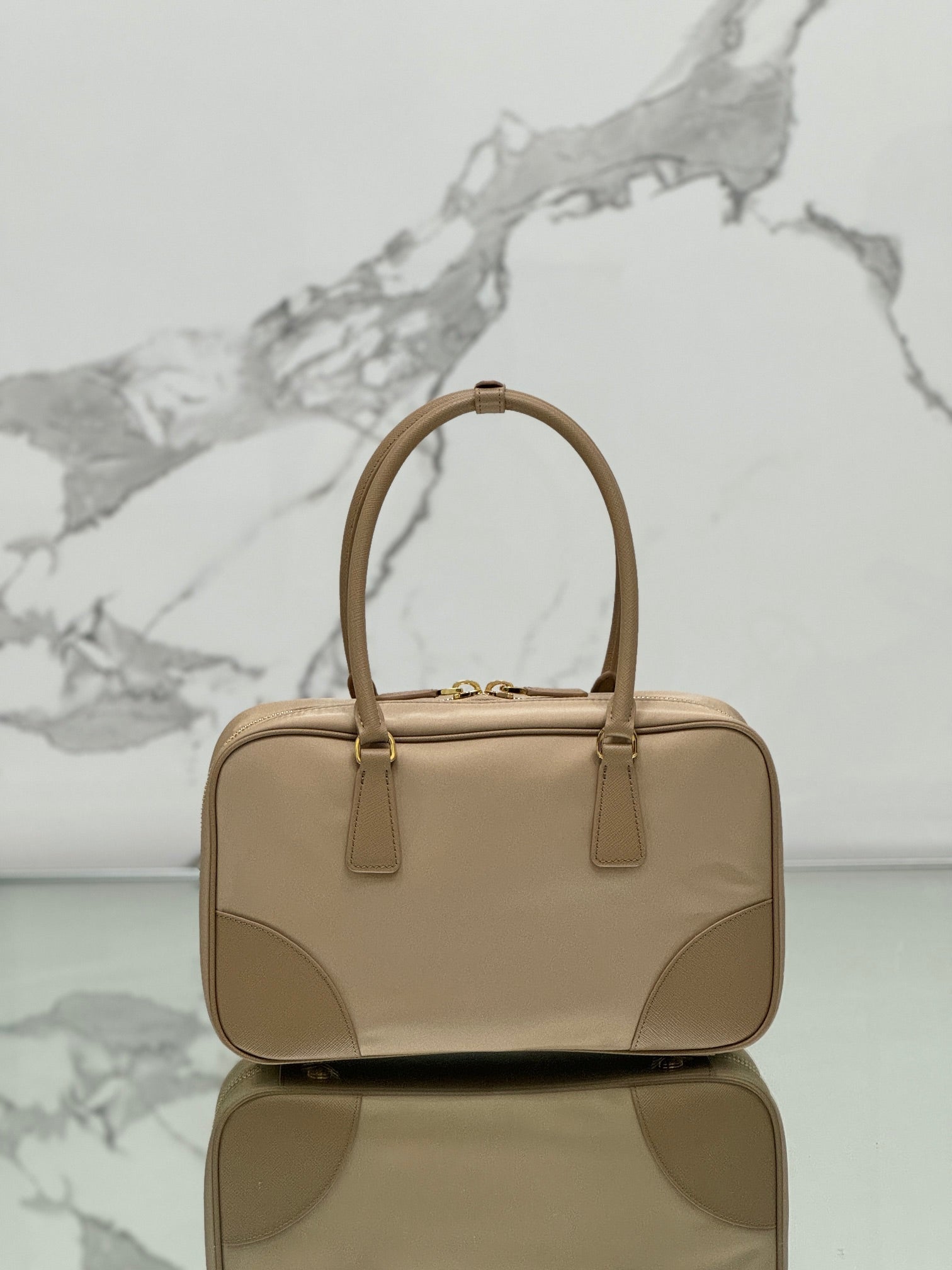 PRADA LARGE TOP HANDLE BAG 35 IN DRIED MOSS NYLON AND CALFSKIN TRIM