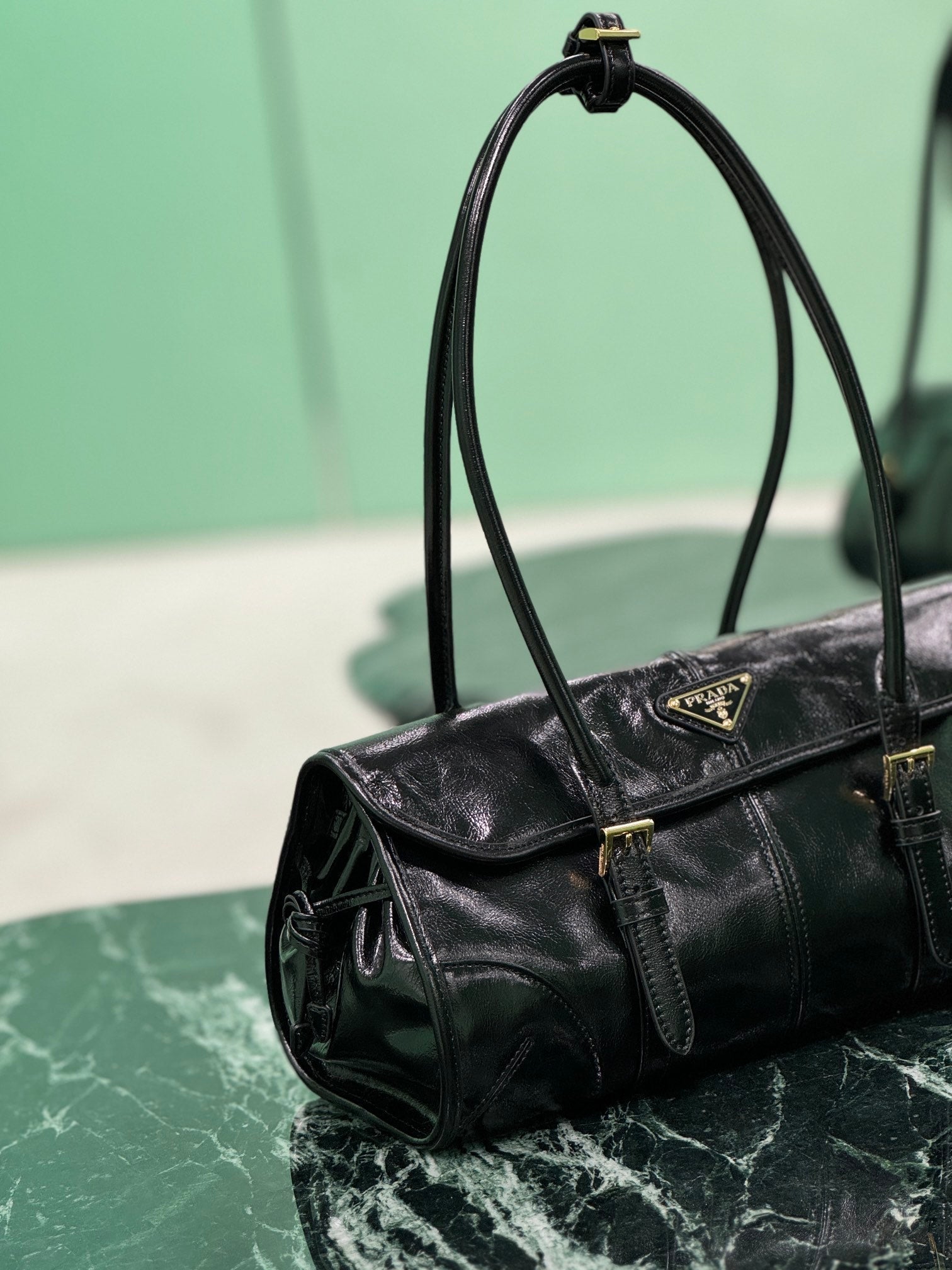 PRADA HANDBAG 31 IN BLACK OIL WAX LAMBSKIN