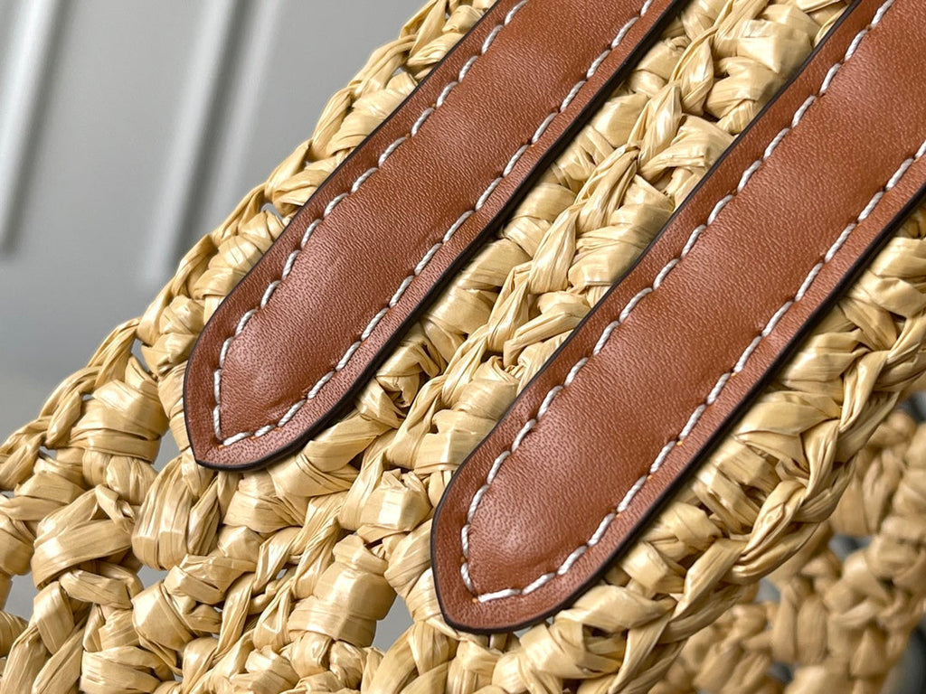 LOUIS VUITTON ONTHEGO MM 37 IN BEIGE WOVEN RAFFIA WITH LEATHER DETAILING
