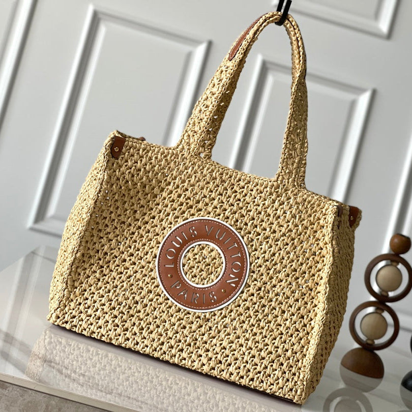 LOUIS VUITTON ONTHEGO MM 37 IN BEIGE WOVEN RAFFIA WITH LEATHER DETAILING