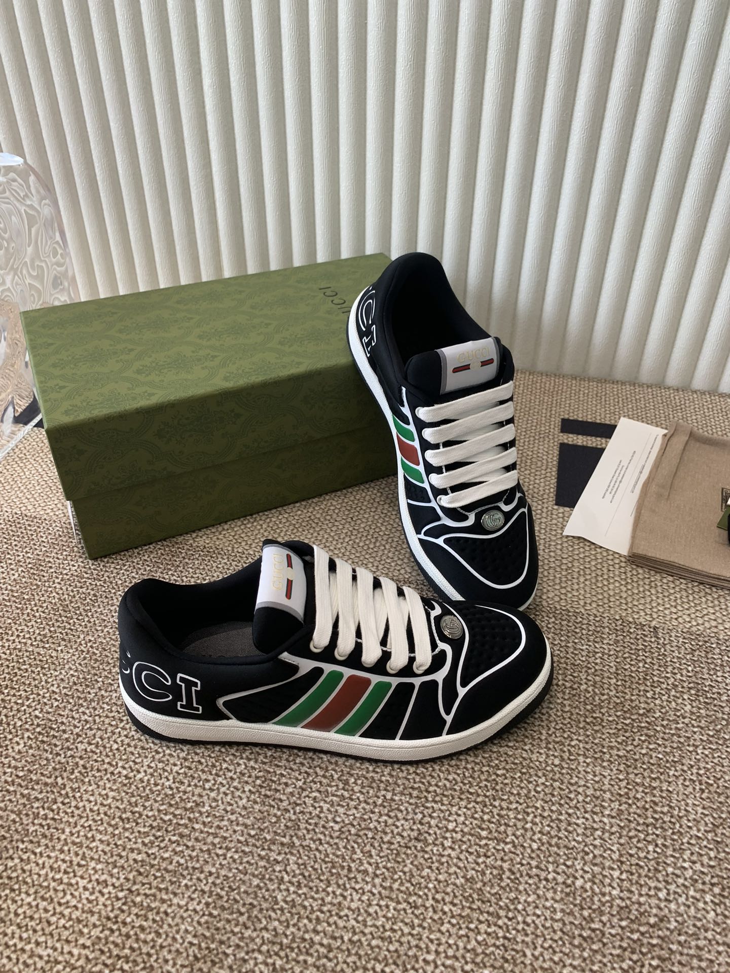 GUCCI SCREENER SNEAKER WITH WEB BLACK CALFSKIN