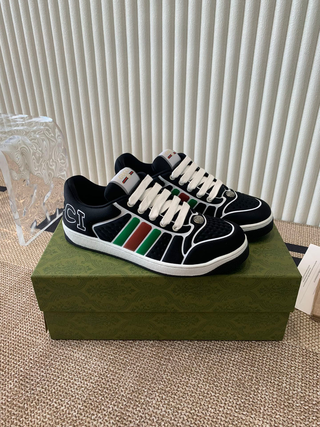 GUCCI SCREENER SNEAKER WITH WEB BLACK CALFSKIN
