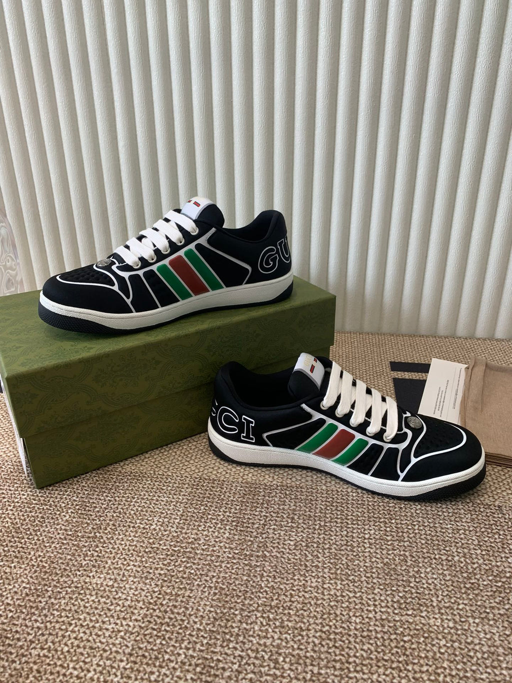 GUCCI SCREENER SNEAKER WITH WEB BLACK CALFSKIN
